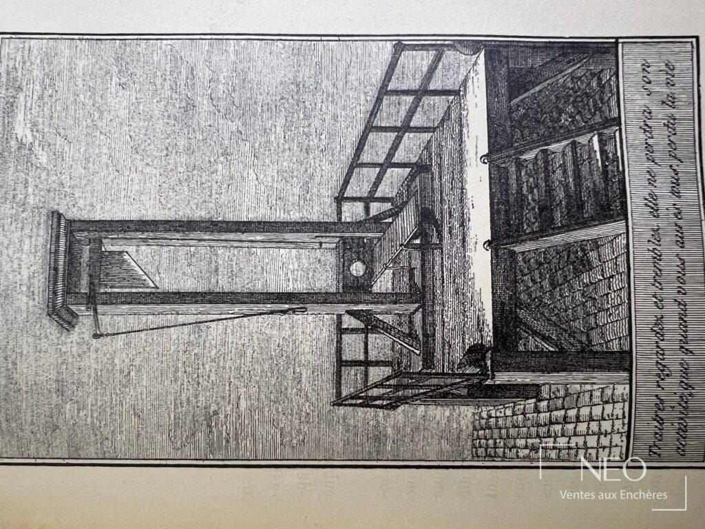 Page illustrée d'une gravure de guillotine avec annotations manuscrites en marge