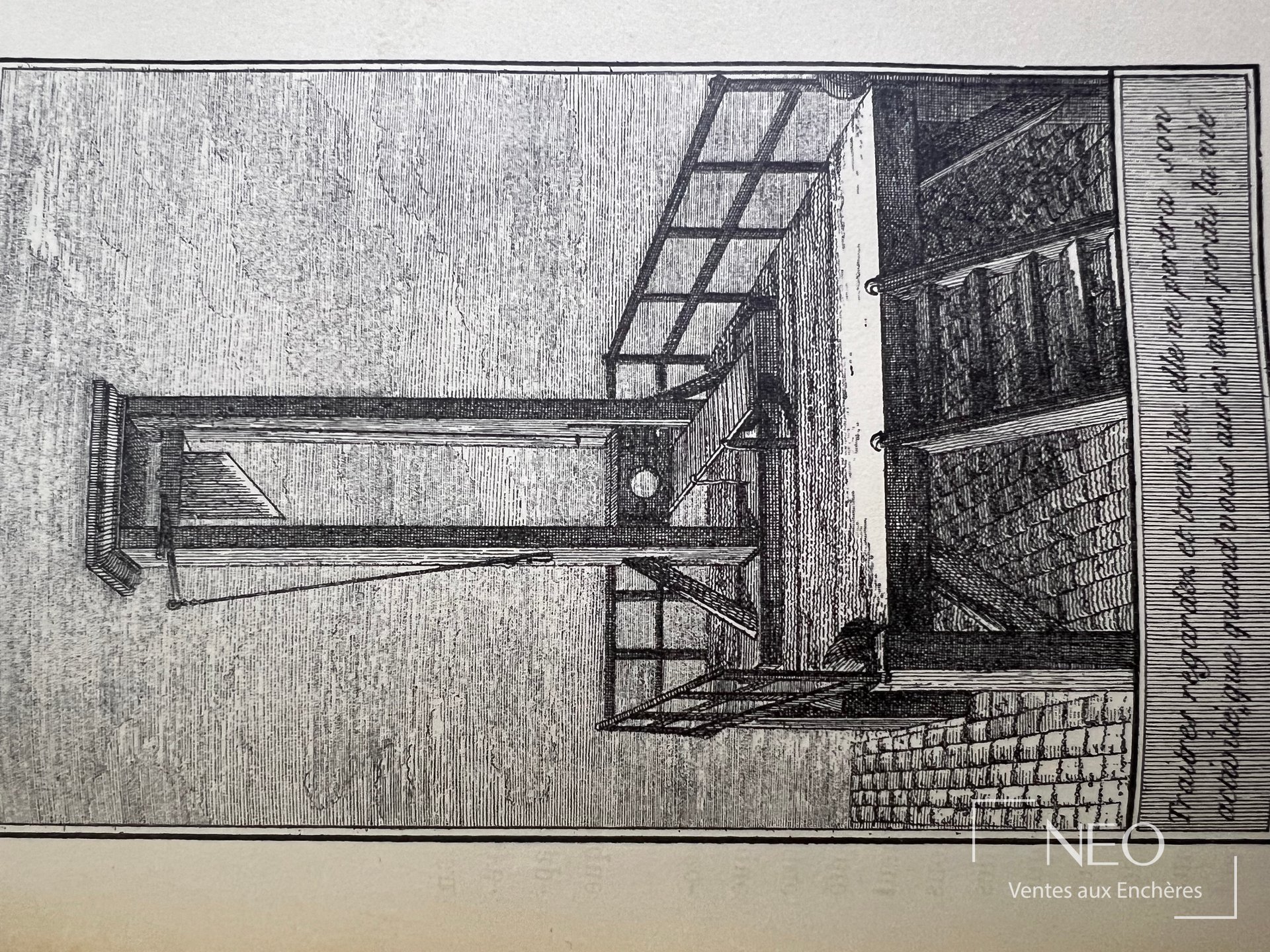 Page illustrée d'une gravure de guillotine avec annotations manuscrites en marge
