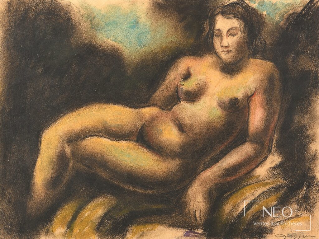 Femme nue allanguie au pastel sur papier