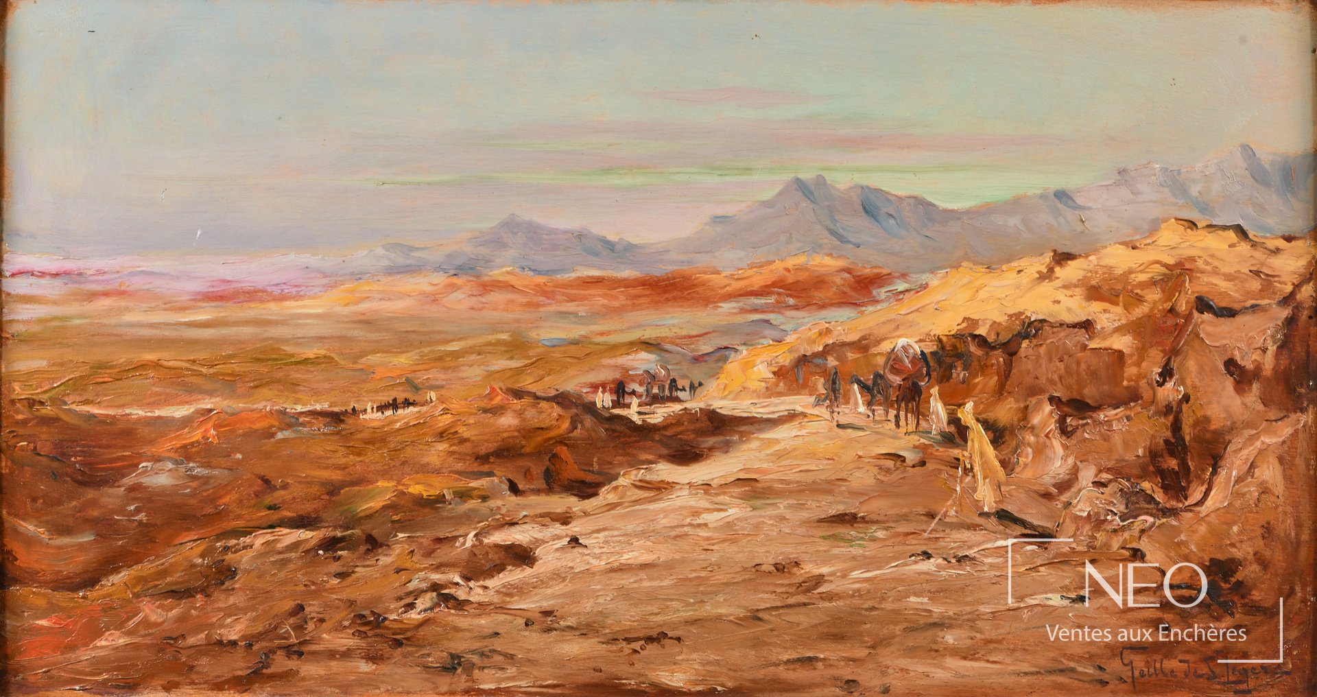 Paysage orientaliste à l'huile sur panneau signé en bas à droite