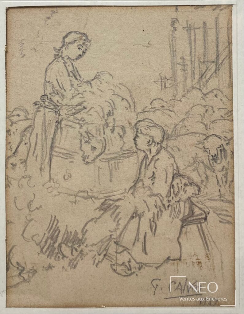 Dessin au crayon sur papier représentant une scène de bergères