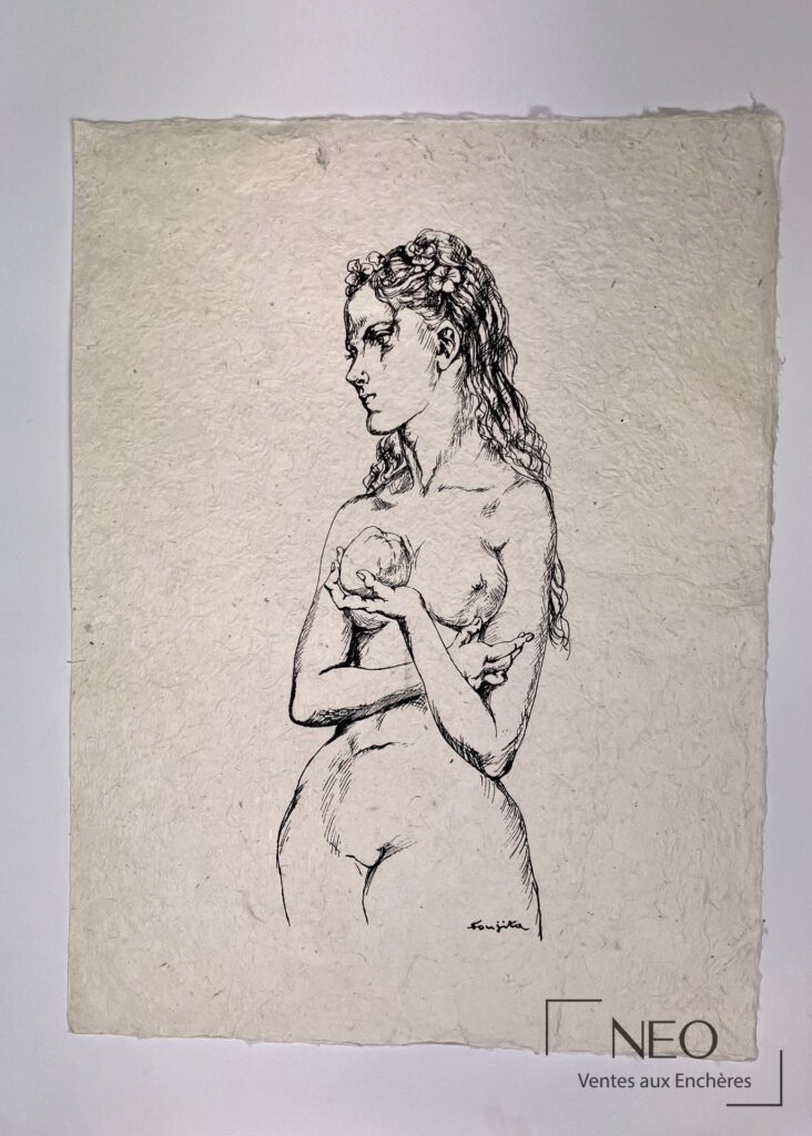 Impression sur papier d’après Léonard Foujita représentant Eve tenant une pomme
