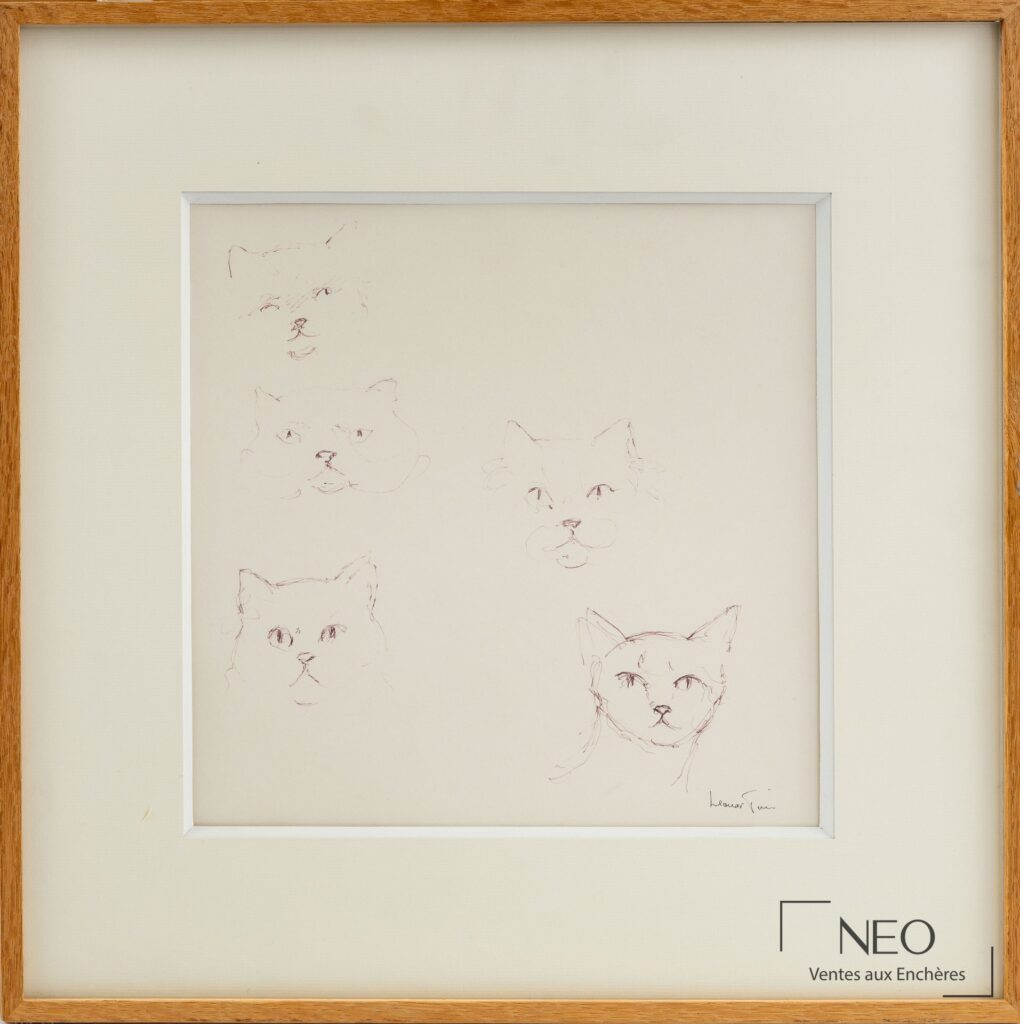 Dessin de cinq chats à l'encre de chine