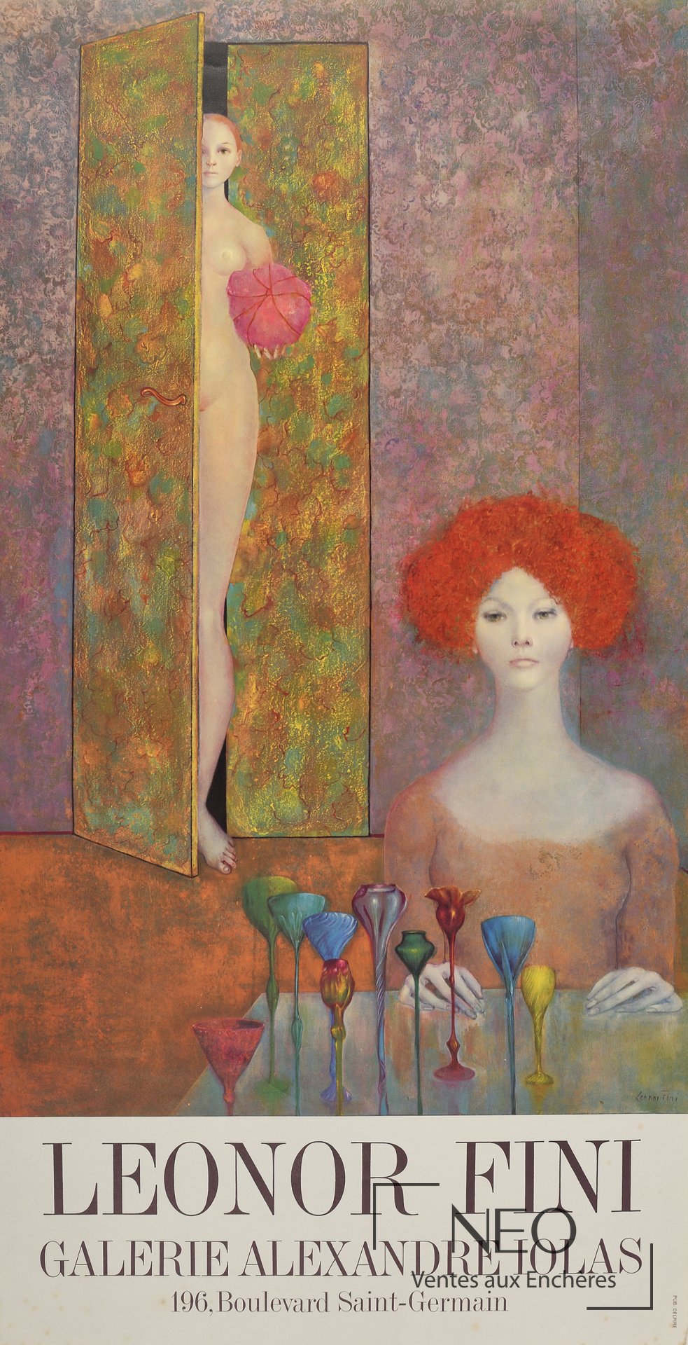 Affiche d'exposition Leonor Fini présentant deux figures féminines et le texte Galerie Alexandre Iolas