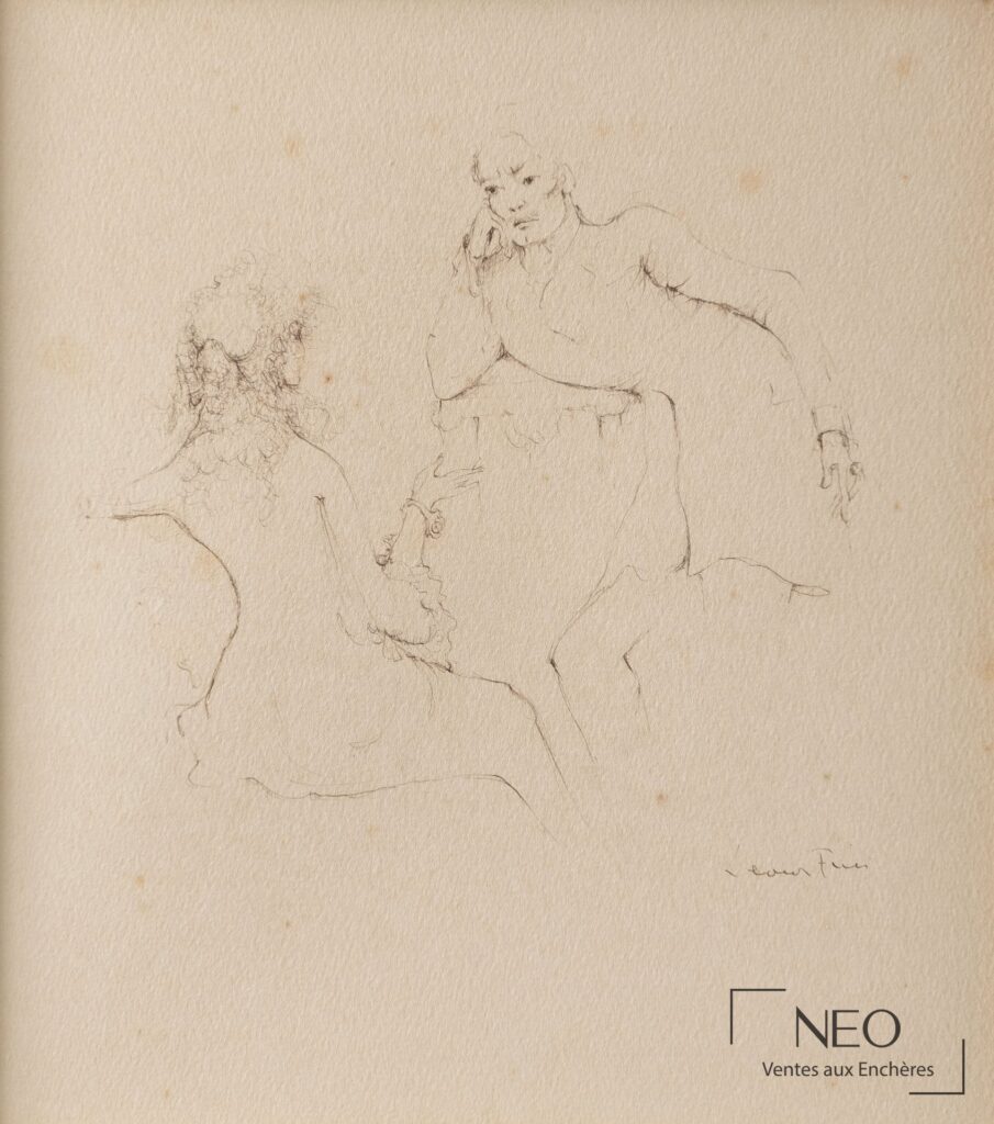 Dessin de Léonor Fini représentant deux figures esquissées sur papier