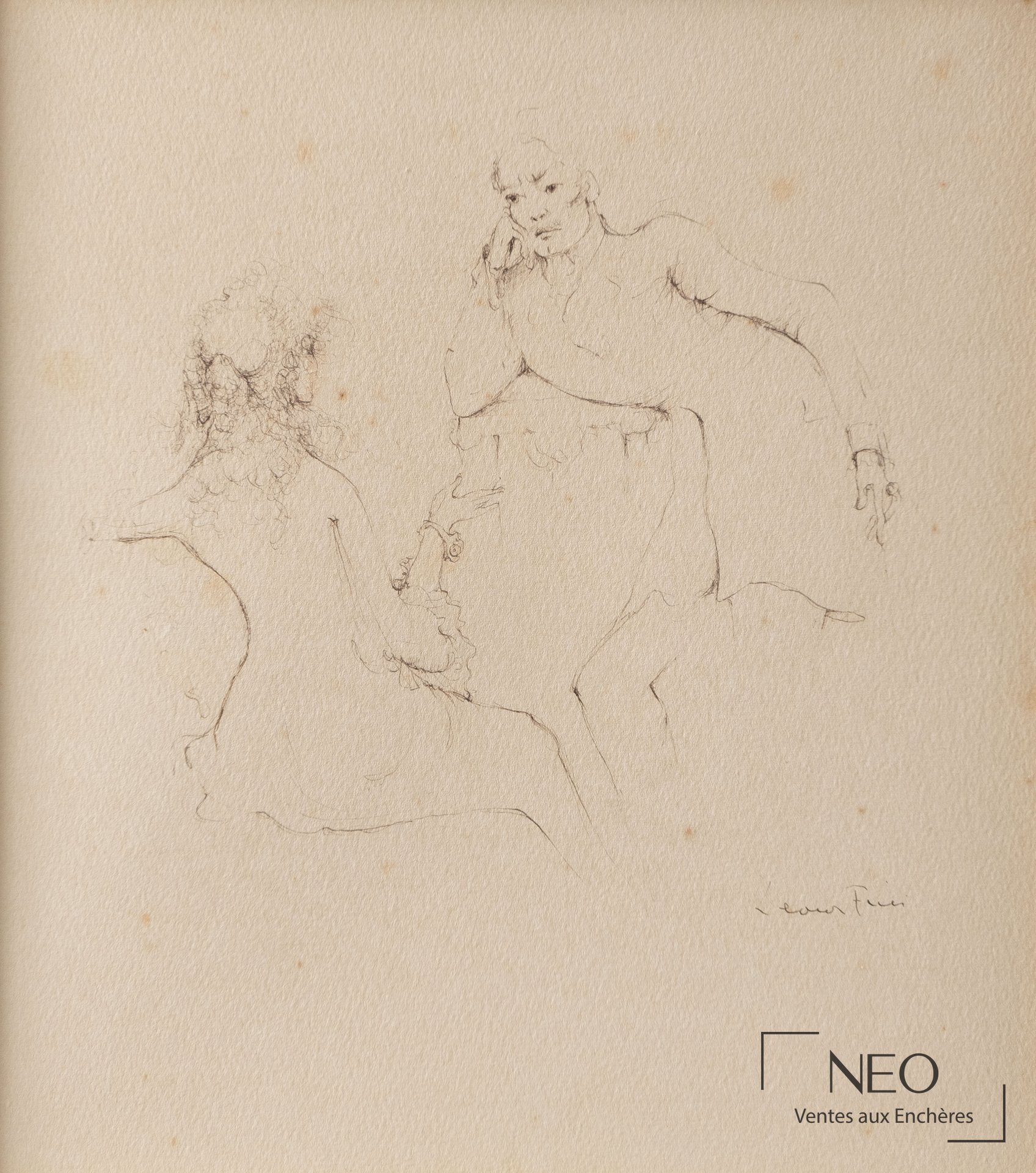 Dessin de Léonor Fini représentant deux figures esquissées sur papier