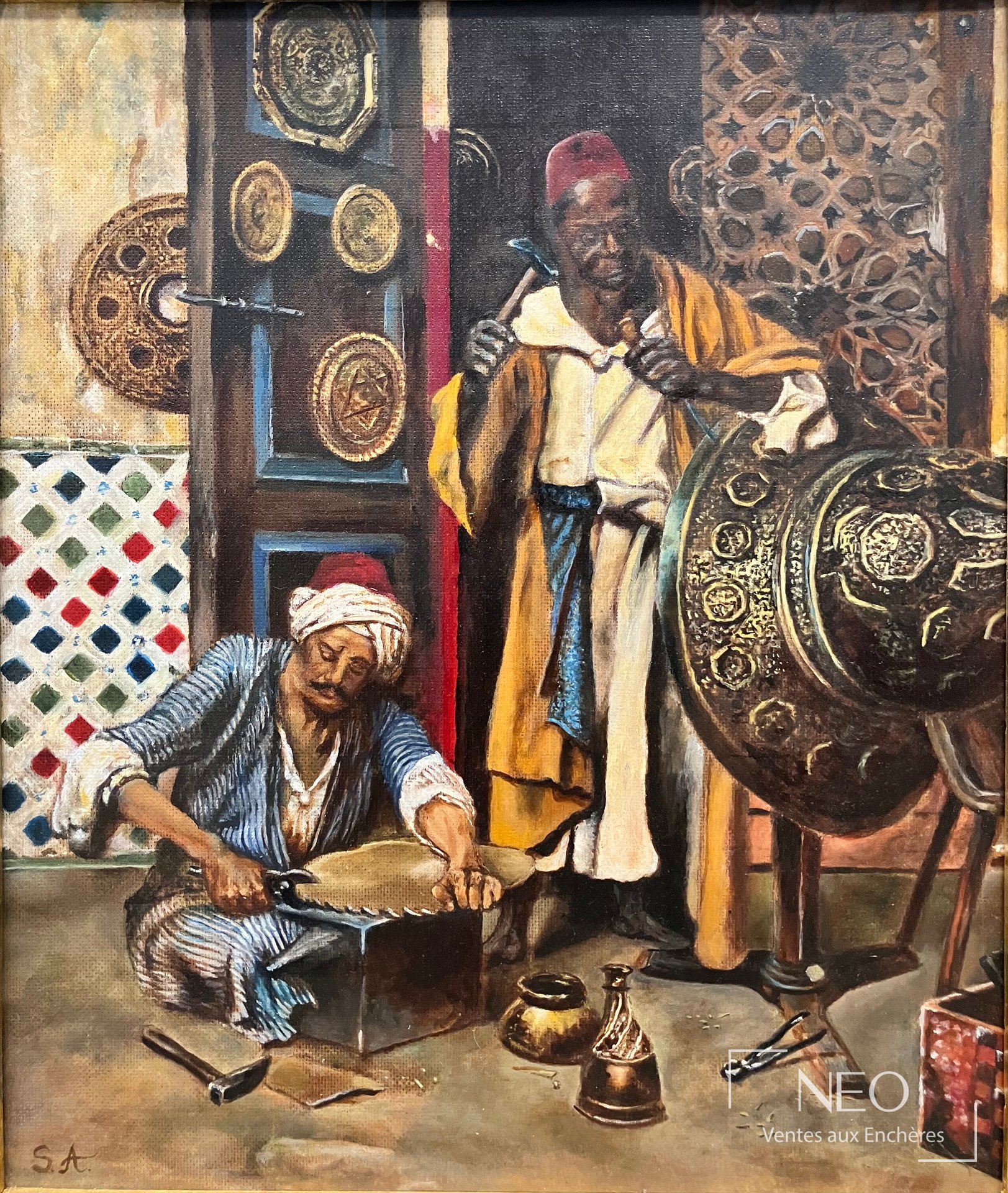 Scène orientaliste avec deux dinandiers au travail dans un atelier richement décoré