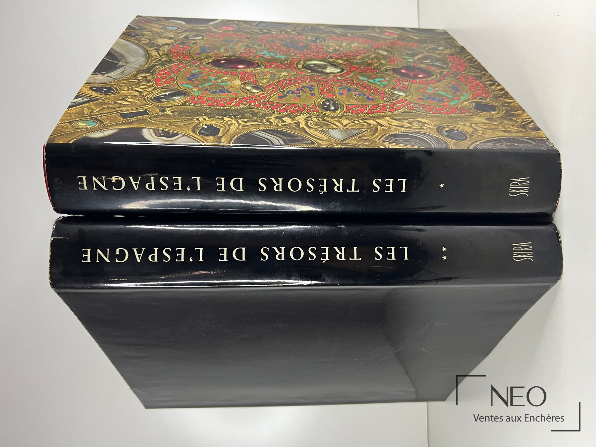 Deux volumes Skira avec jaquettes noires et couverture illustrée posés de biais