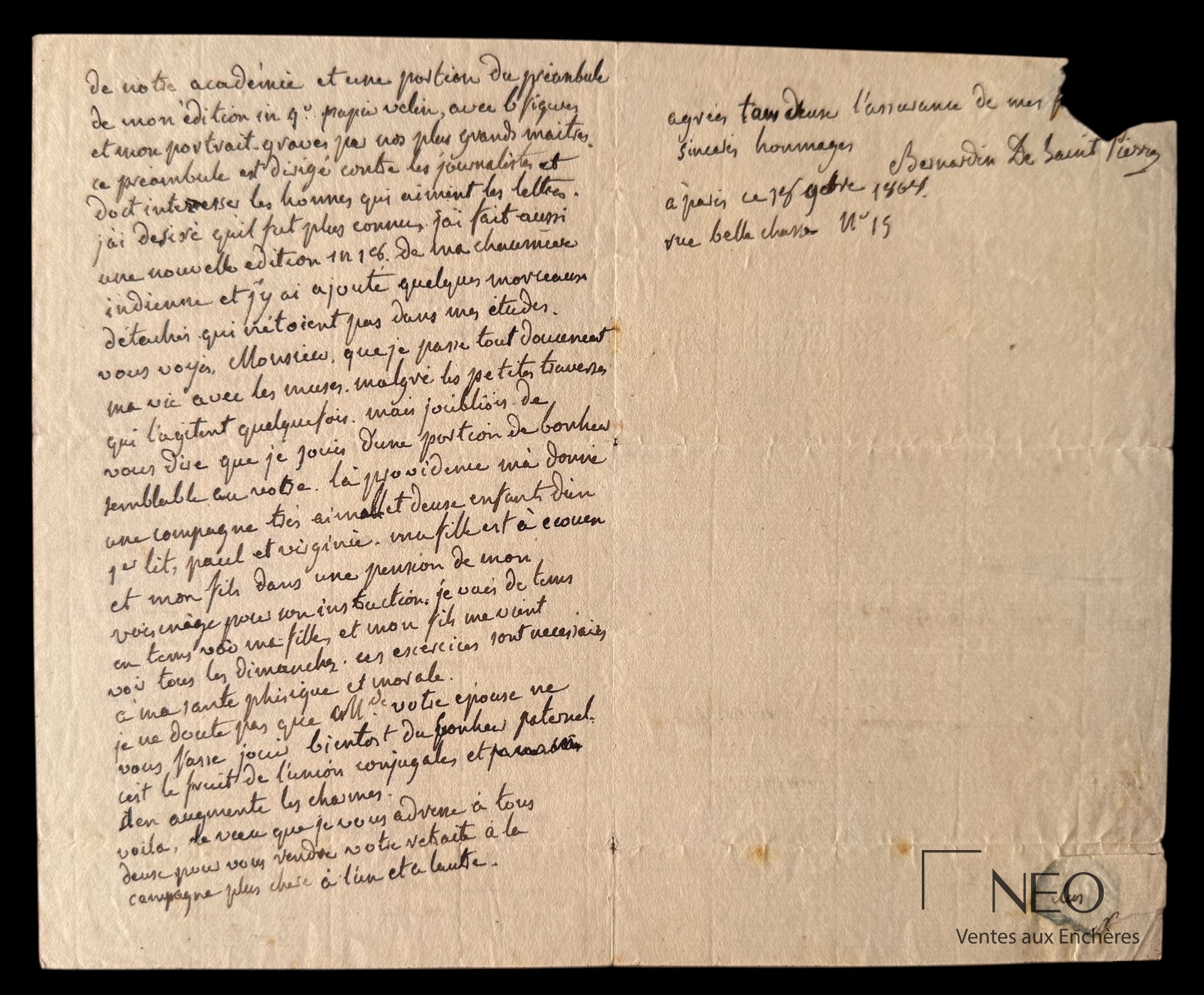 Lettre autographe signée de Bernardin de Saint-Pierre