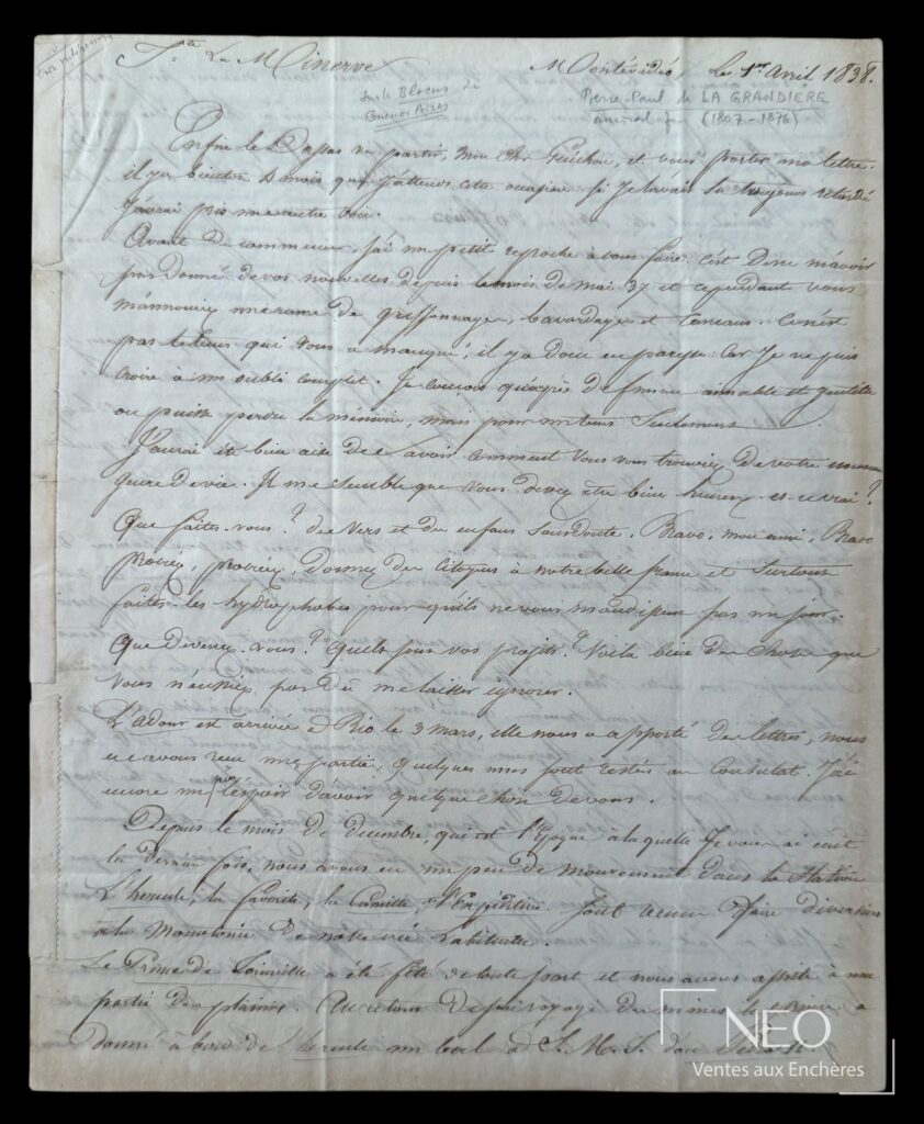 Première page manuscrite d'une lettre de Pierre Paul de La Grandière