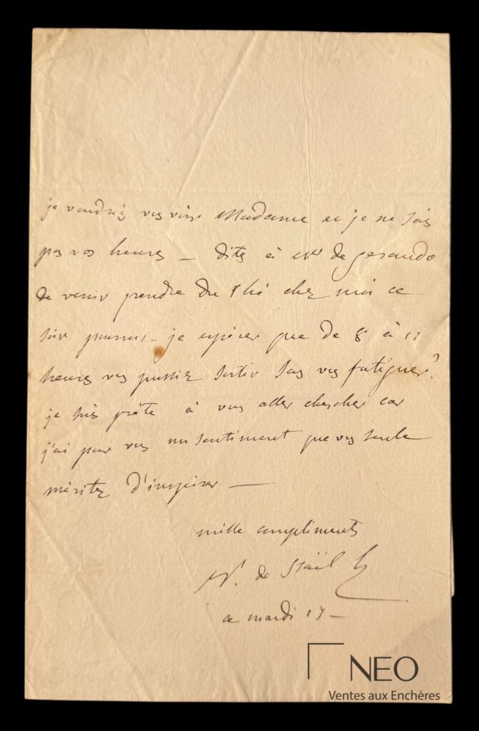 Lettre autographe signée de De Staël manuscrite sur papier