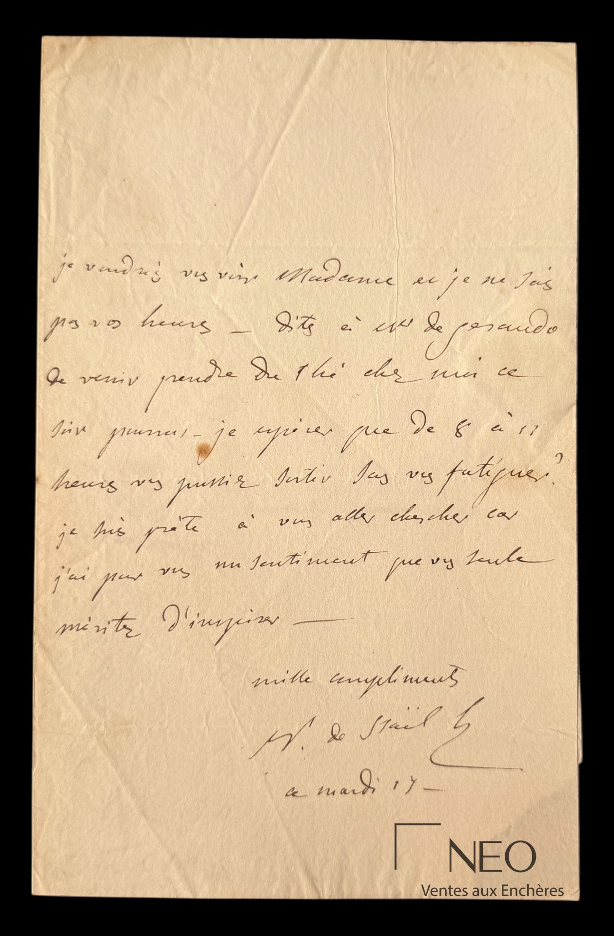 Lettre autographe signée de De Staël manuscrite sur papier