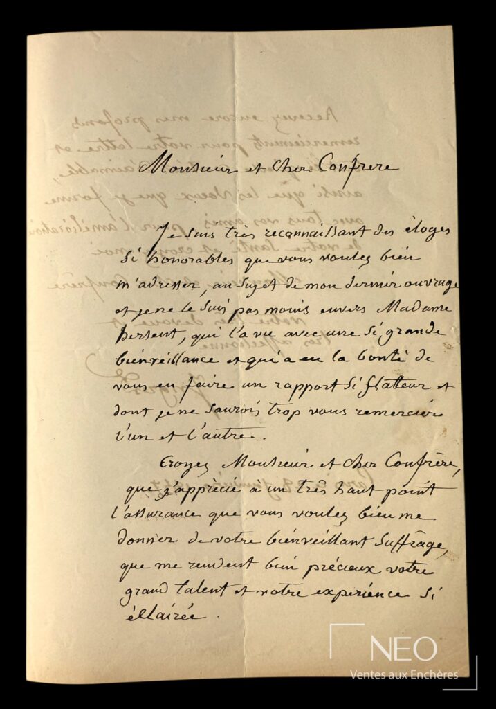 Première page d'une lettre autographe signée d'Ingres sur papier vergé.