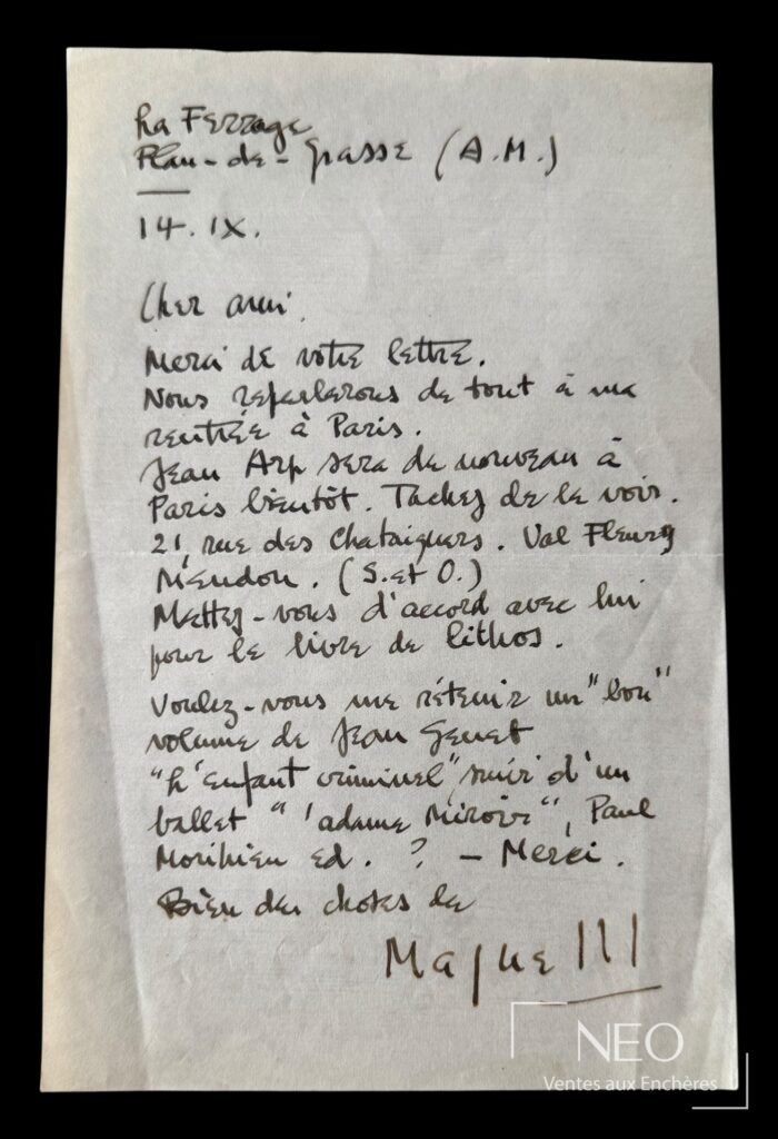 Lettre autographe signée d'Alberto Magnelli