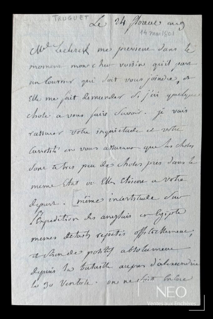 Première page manuscrite d'une lettre signée Truguet