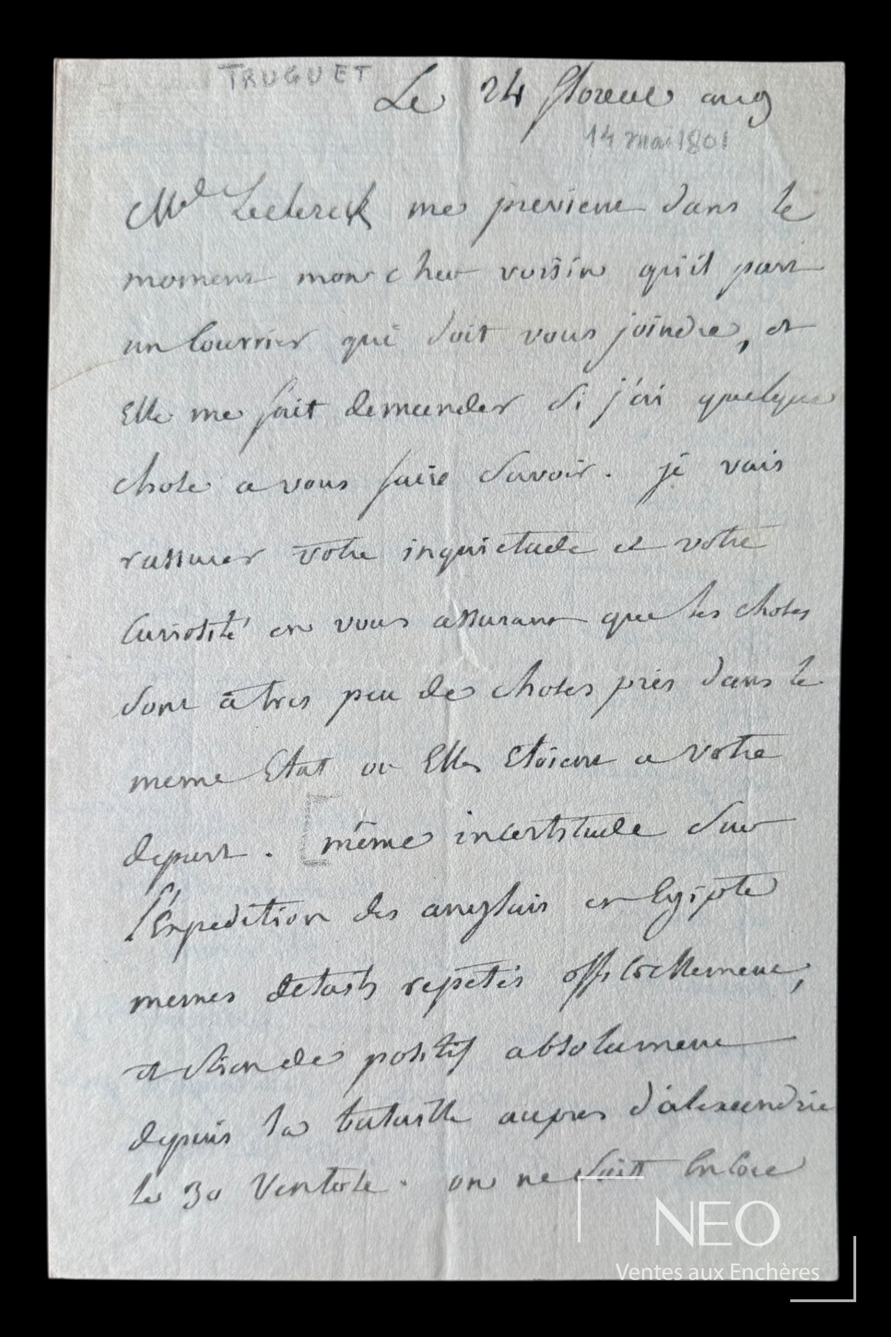 Lettre autographe signée de Truguet, campagne d&rsquo;Égypte, 1801