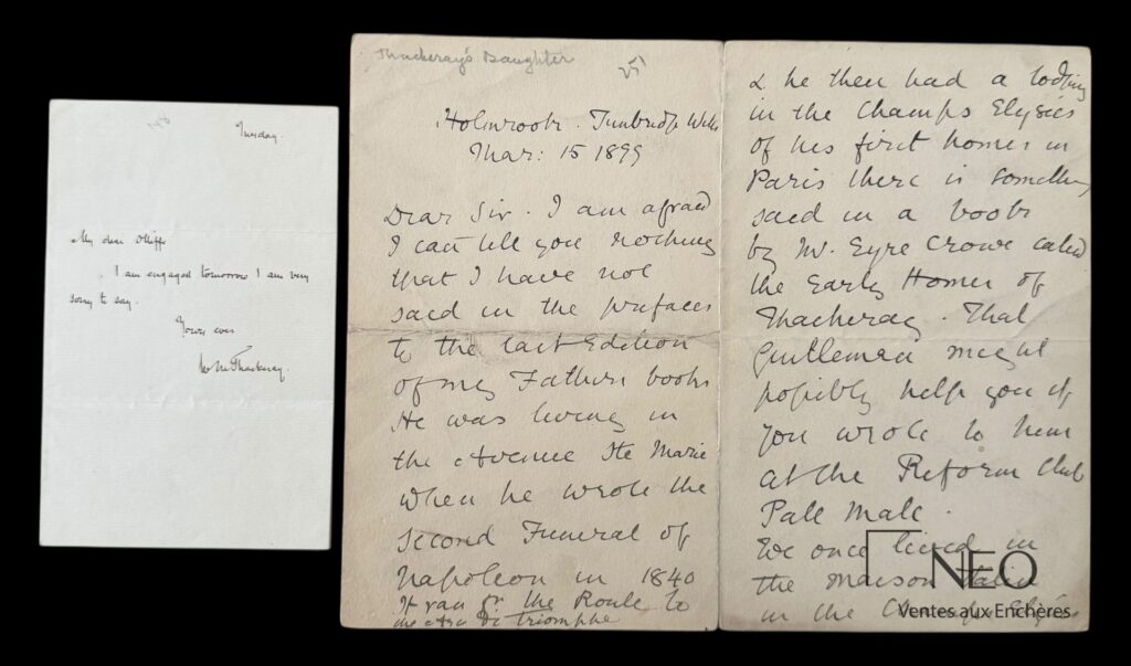 Deux lettres autographes signées de William Makepeace Thackeray et Anna Thackeray Ritchie