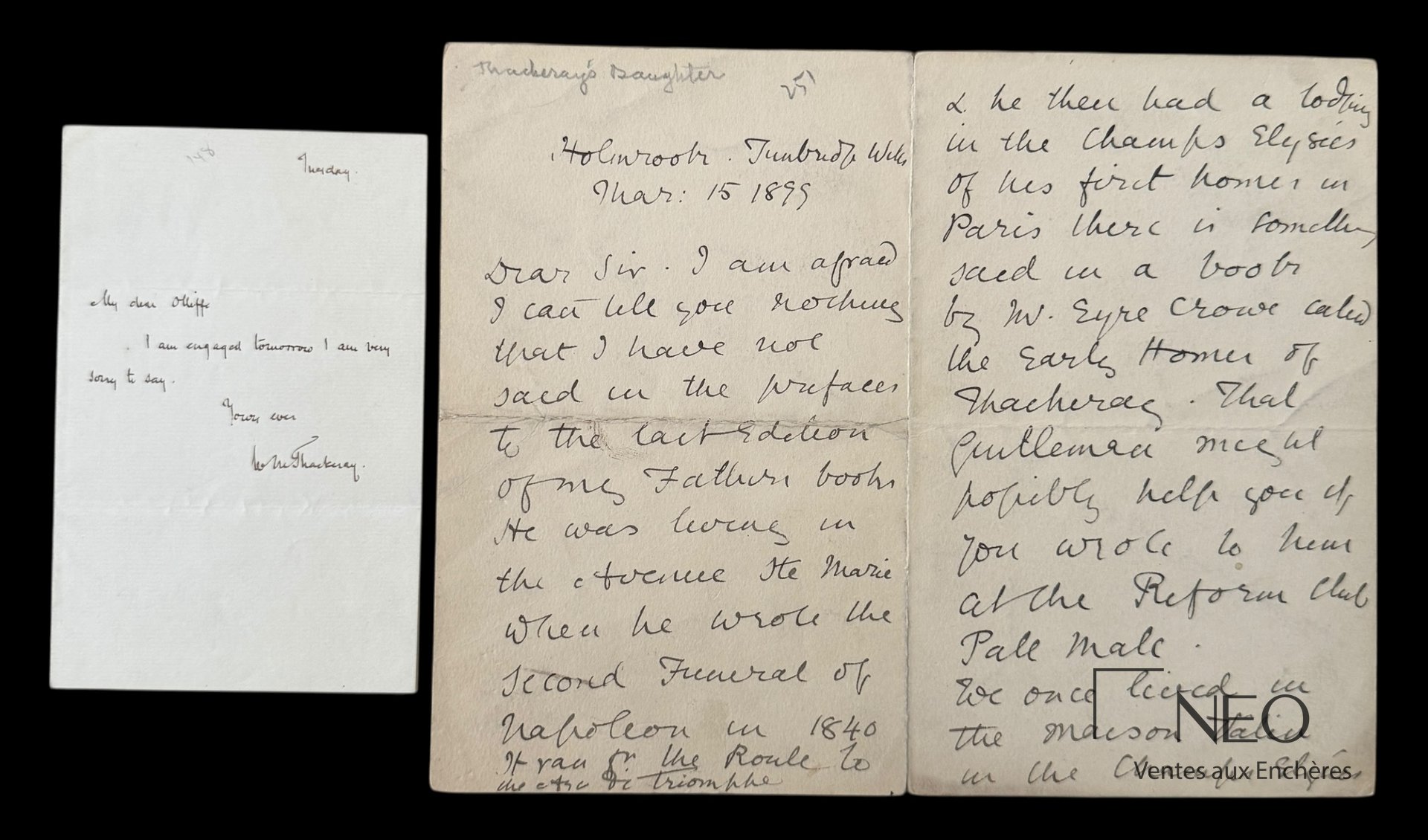 Deux lettres autographes signées de William Makepeace Thackeray et Anna Thackeray Ritchie