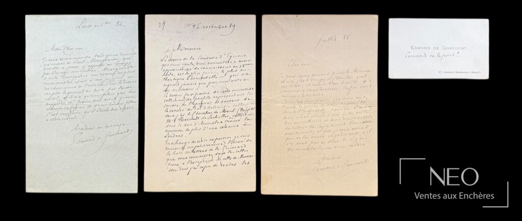 Ensemble de quatre lettres autographes signées et une carte de Goncourt