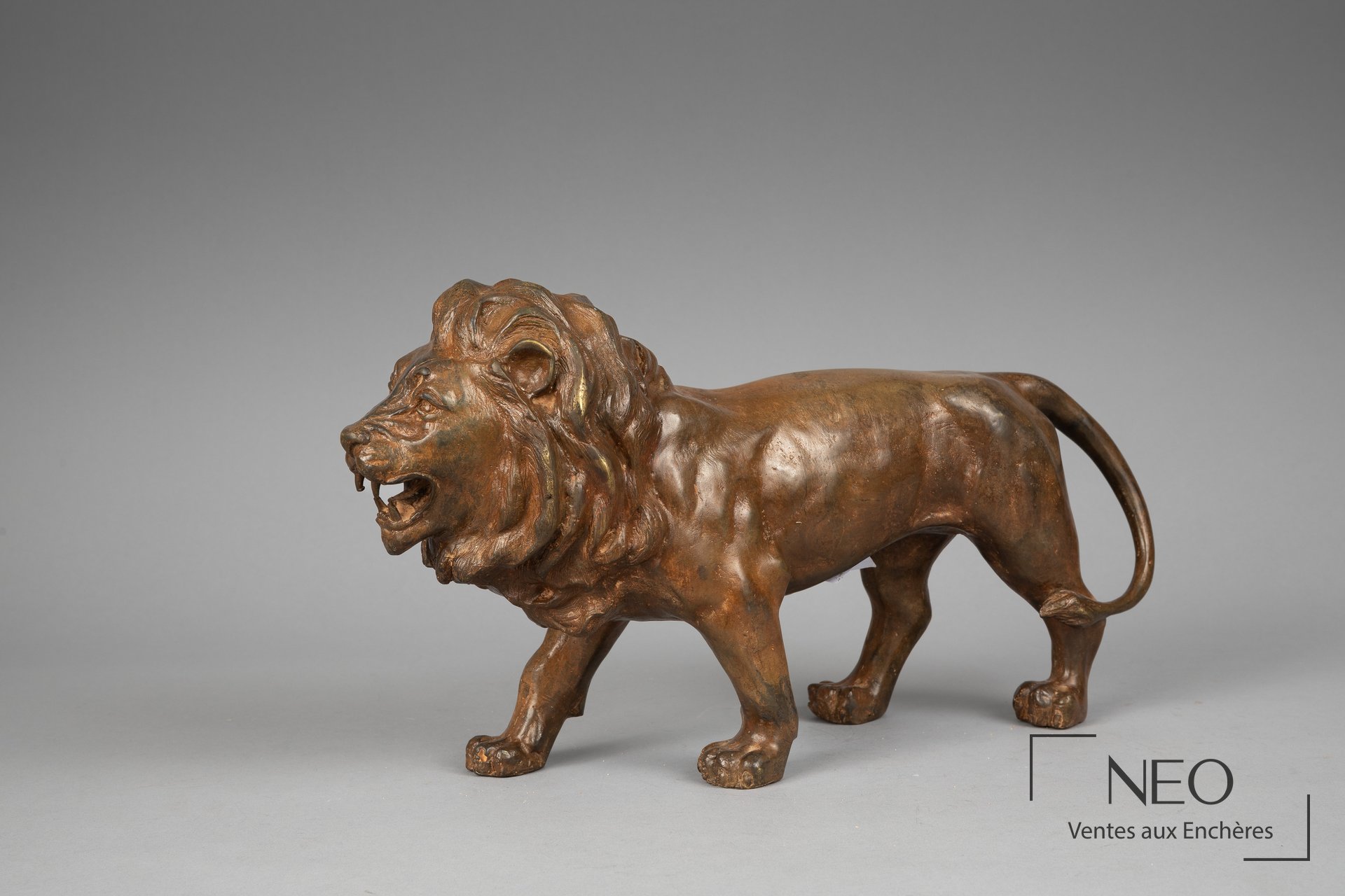 Lion rugissant en bronze à patine ocre, école moderne XXe siècle ou postérieur