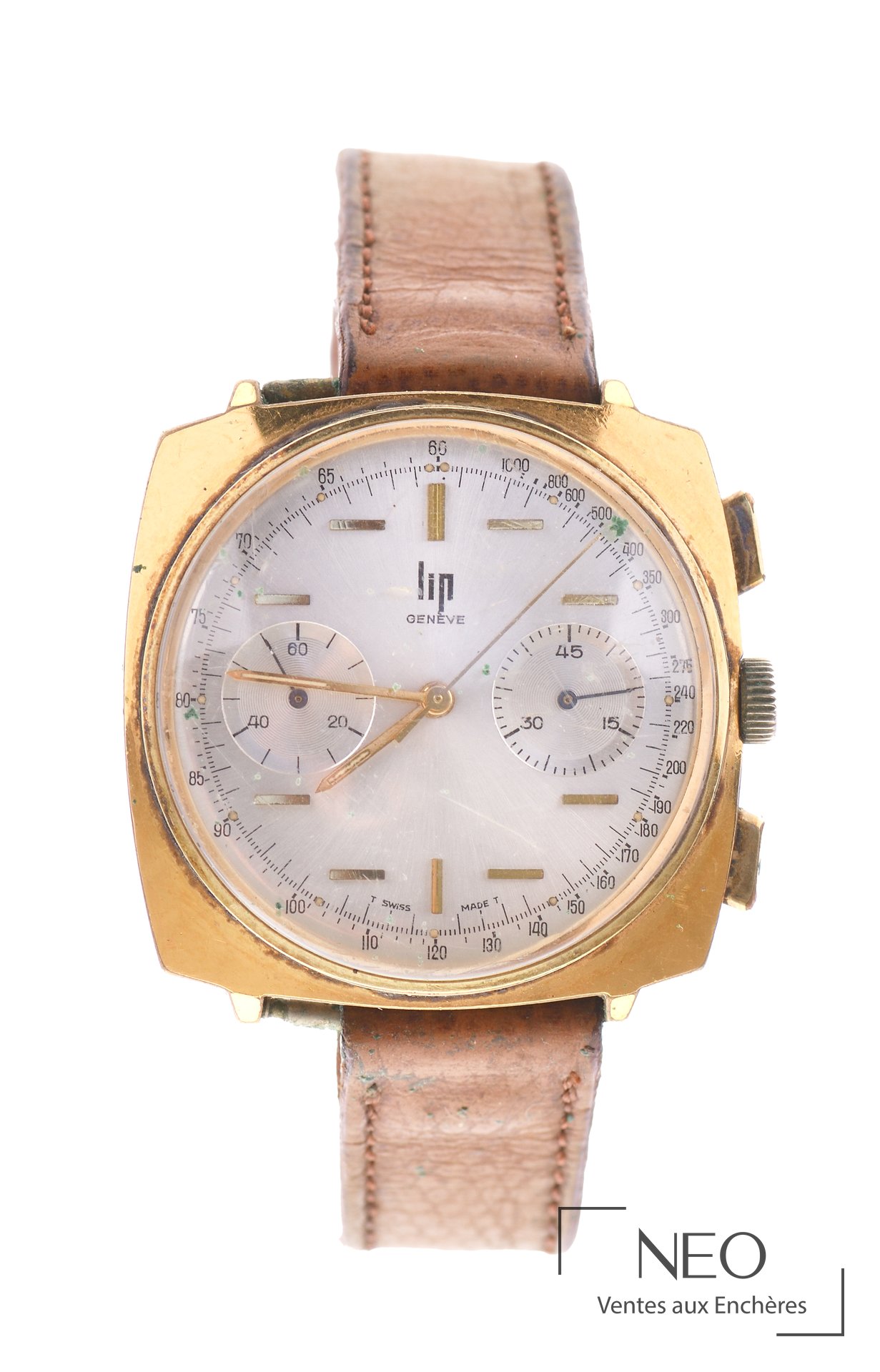 Montre chronographe LIP Genève en métal doré avec cadran argenté et bracelet cuir marron