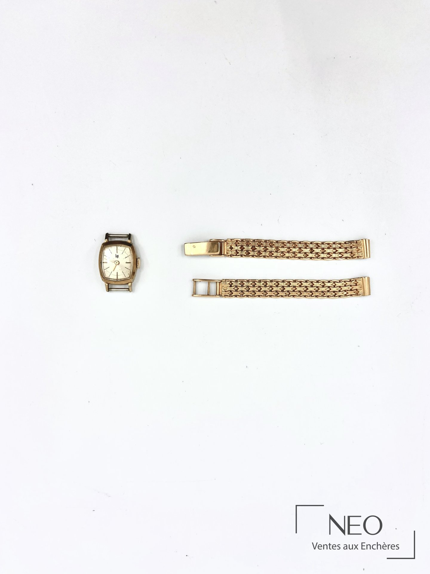 Montre de dame LIP en plaqué or avec cadran argenté et bracelet en or jaune 18 carats séparé