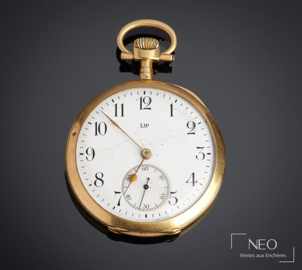 Montre de poche LIP en or jaune avec cadran émaillé blanc et petite seconde