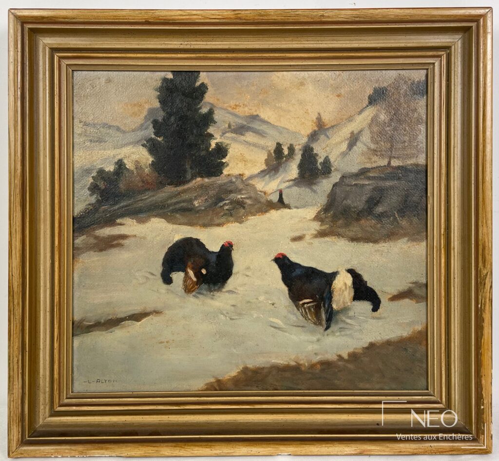 Huile encadrée représentant des coqs de bruyère dans un paysage enneigé de montagne.