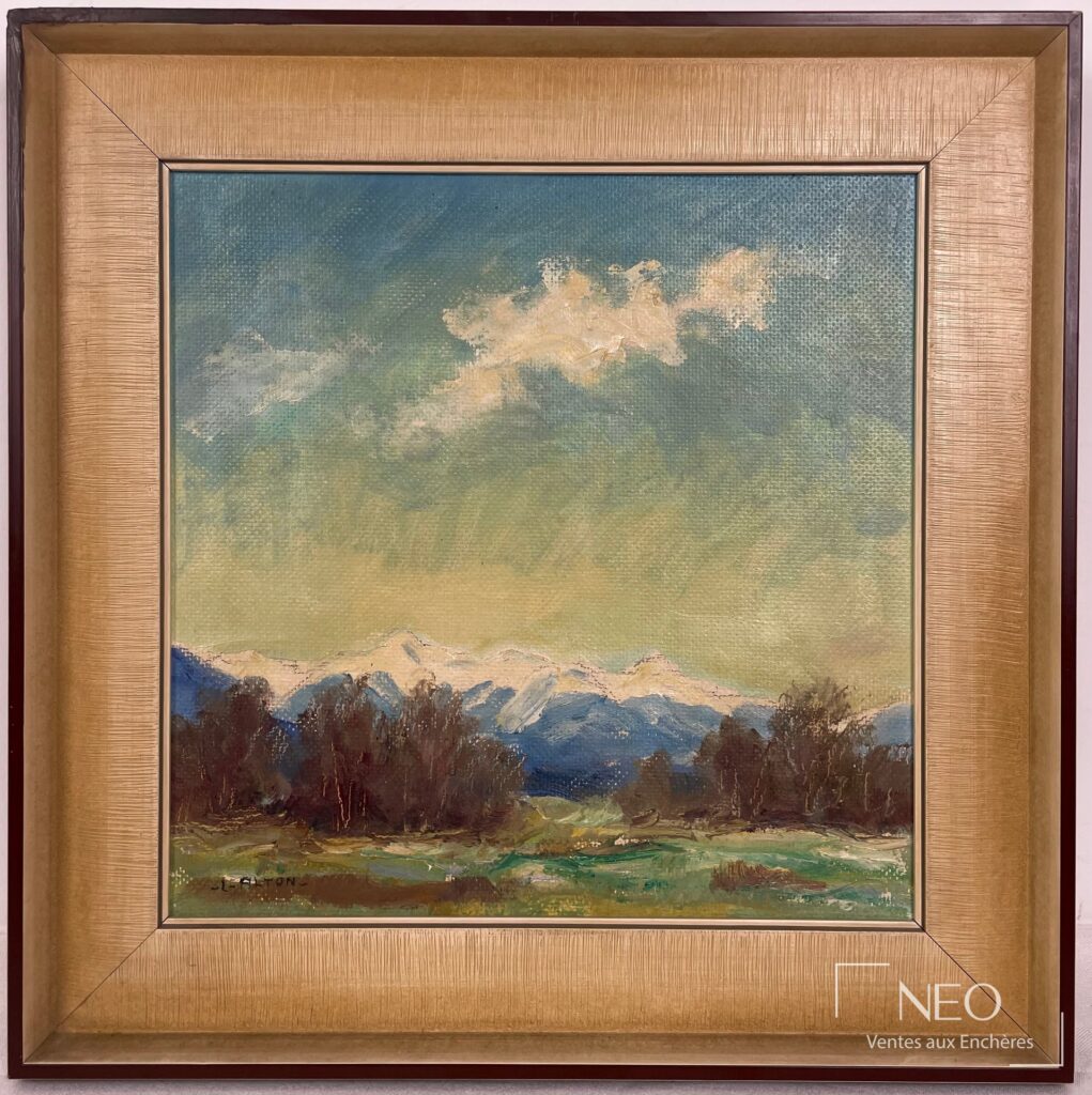 Paysage peint à l'huile sur isorel dans un cadre doré