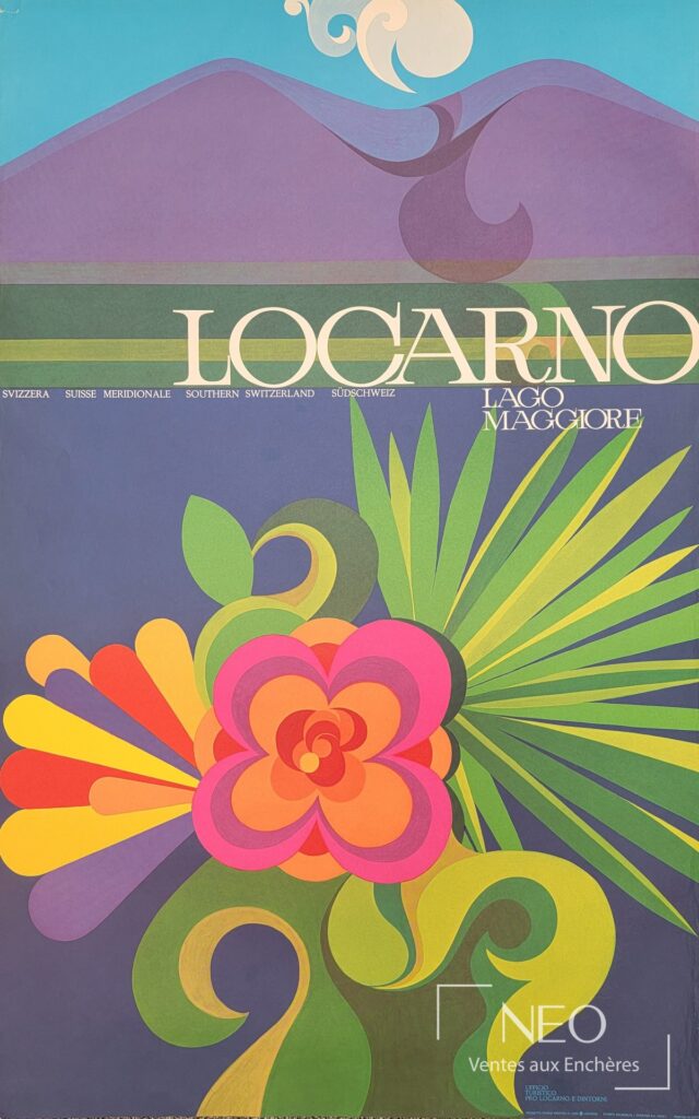 Affiche colorée Locarno Lago Maggiore avec grands motifs graphiques et typographie centrale