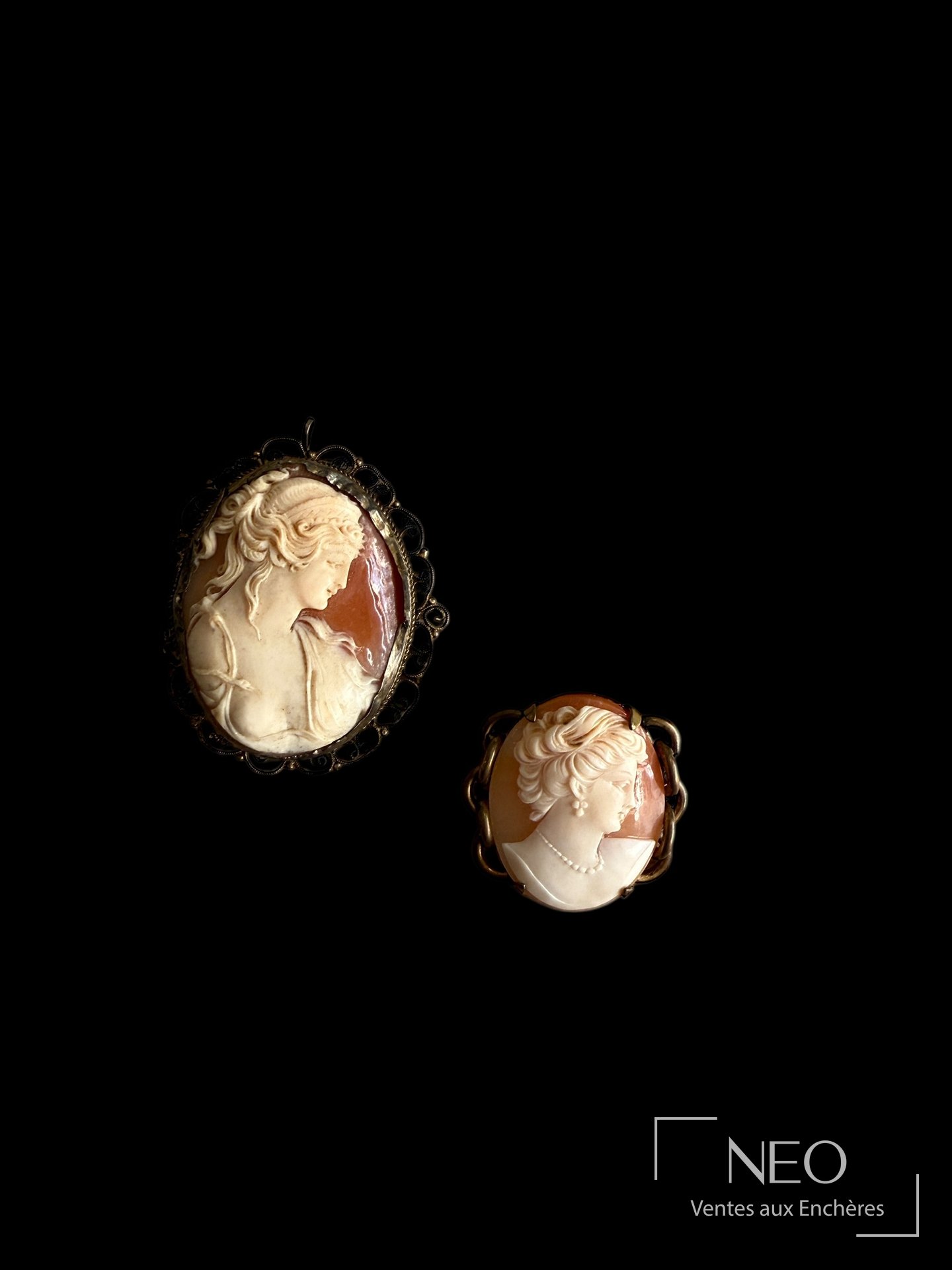 Lot de 2 camées sur coquillage en métal doré
