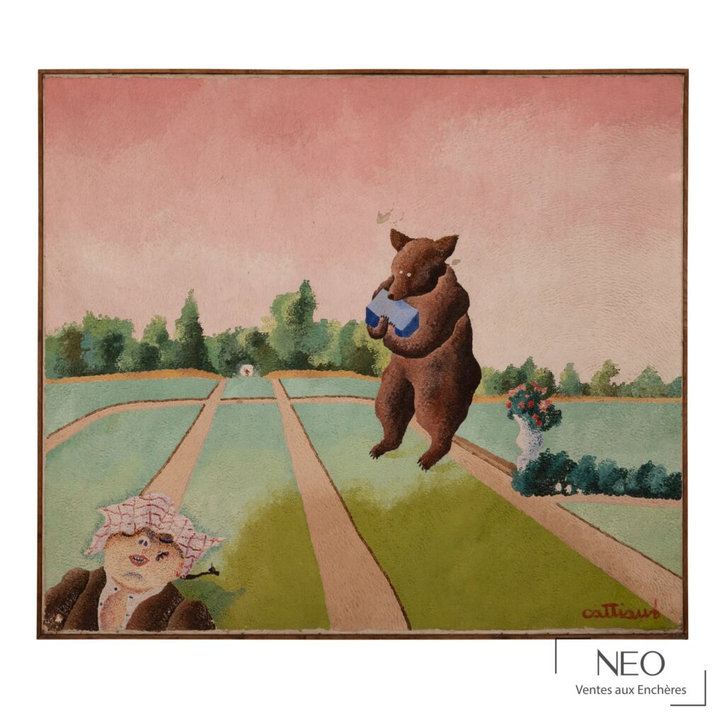 Huile sur toile de Louis Cattiaux représentant un ours et une femme dans un jardin