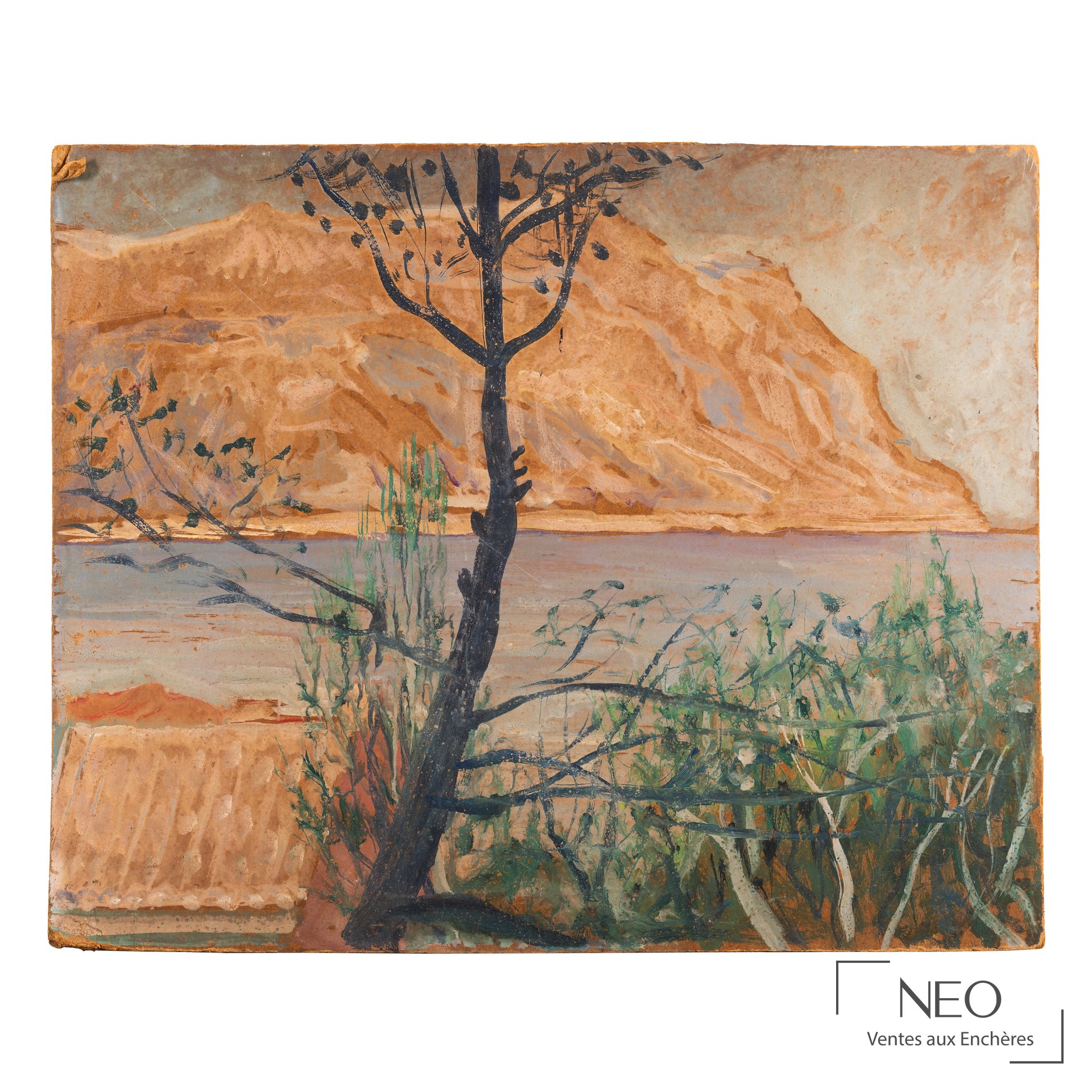Huile sur isorel représentant un paysage avec arbre central