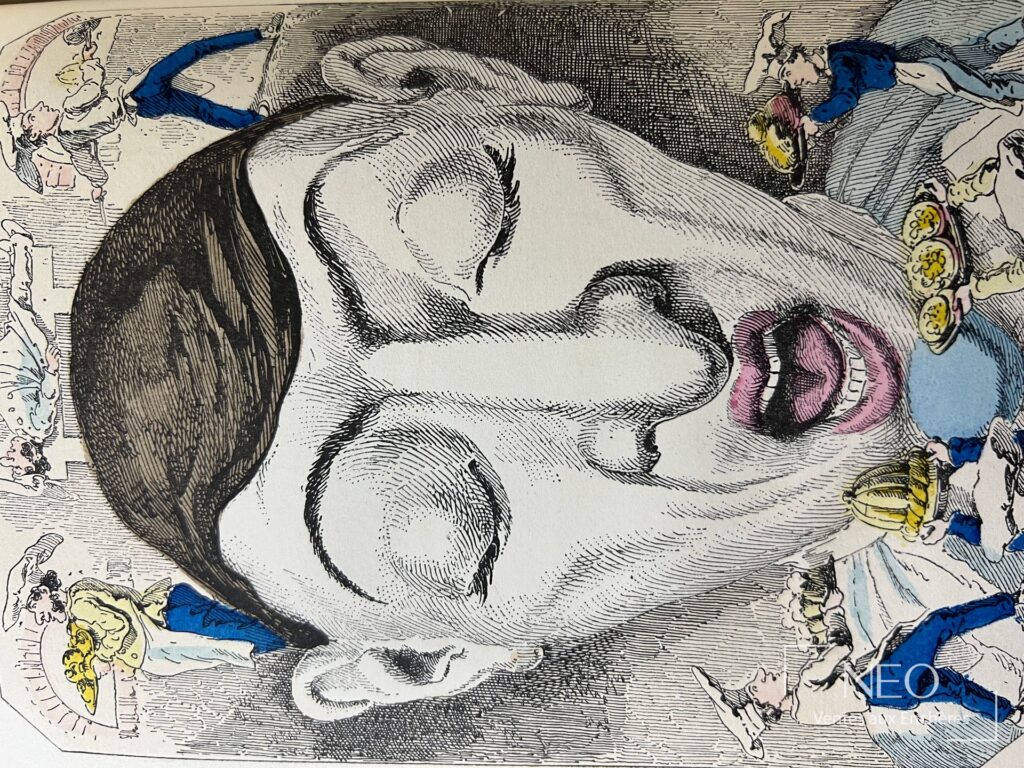 Illustration en couleurs d’un visage au centre d’une page du Théâtre des marionnettes du jardin des Tuileries