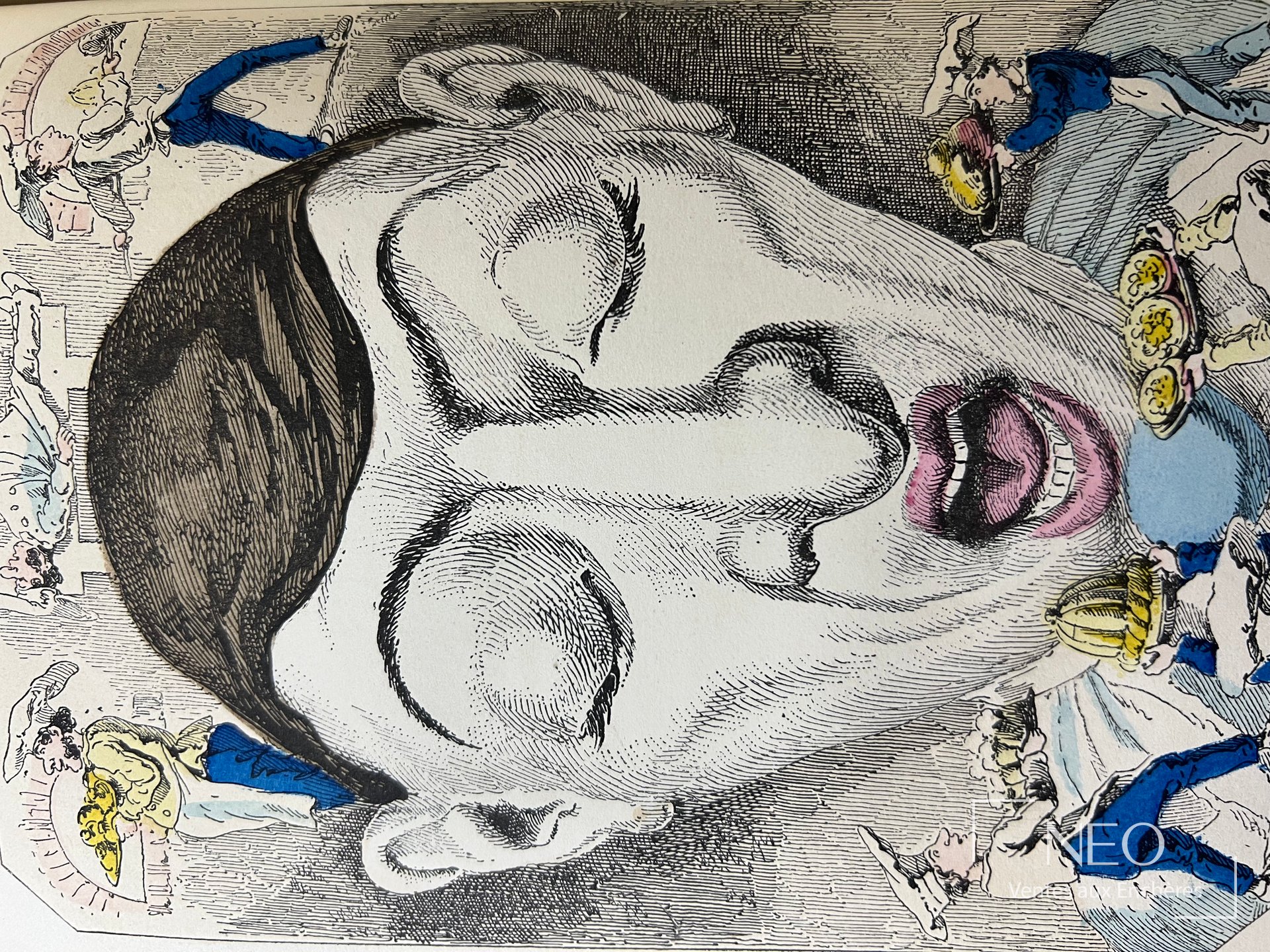 Illustration en couleurs d’un visage au centre d’une page du Théâtre des marionnettes du jardin des Tuileries