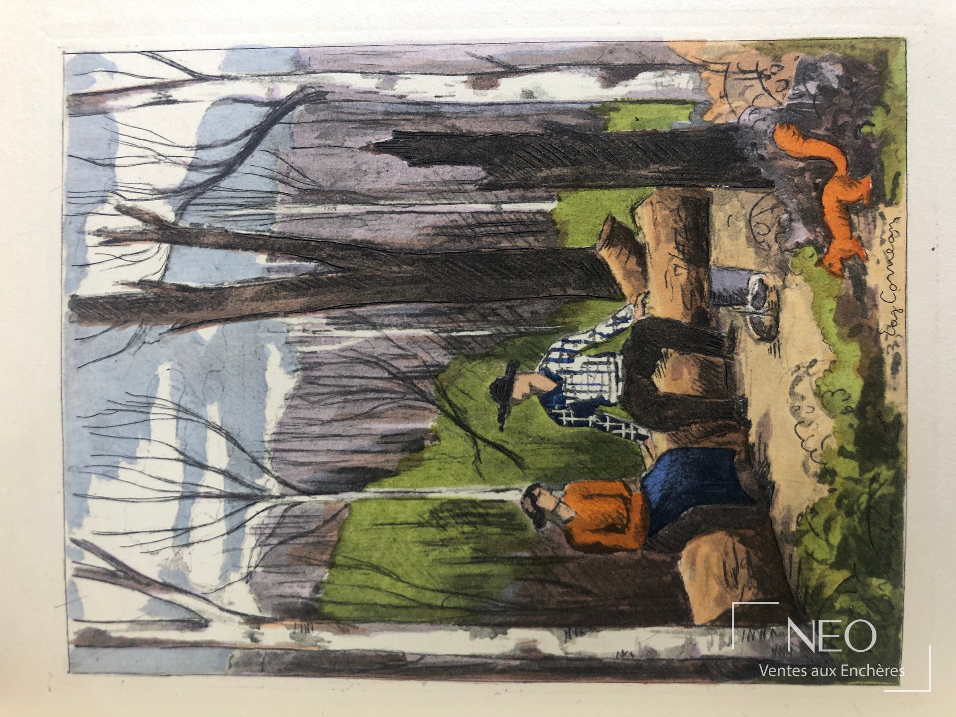 Illustration en couleurs représentant une scène hivernale avec personnages dans la forêt