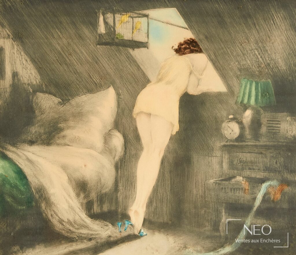 Eau-forte de Louis Icart représentant une jeune femme en nuisette rose dans une chambre