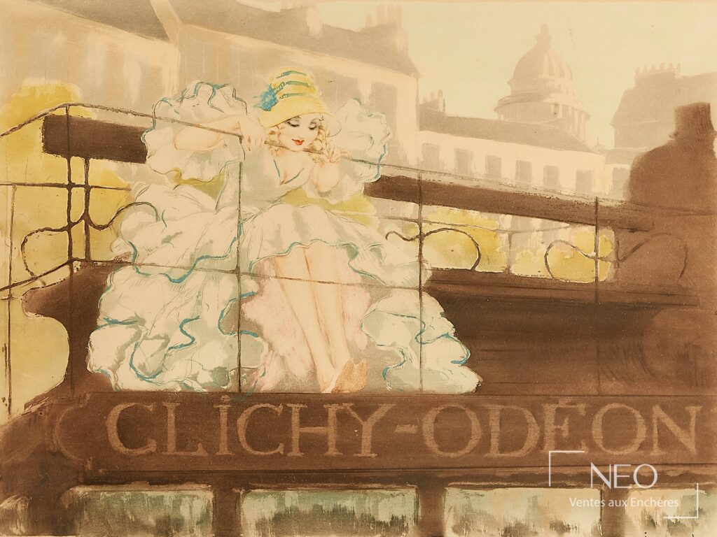 Scène illustrée d'une élégante en robe blanche dans un autobus avec l'inscription Clichy Odéon.