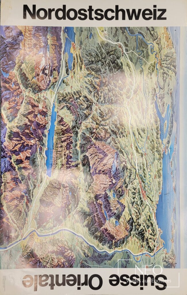 Affiche cartographique de la Suisse orientale avec reliefs colorés et titre Nordostschweiz