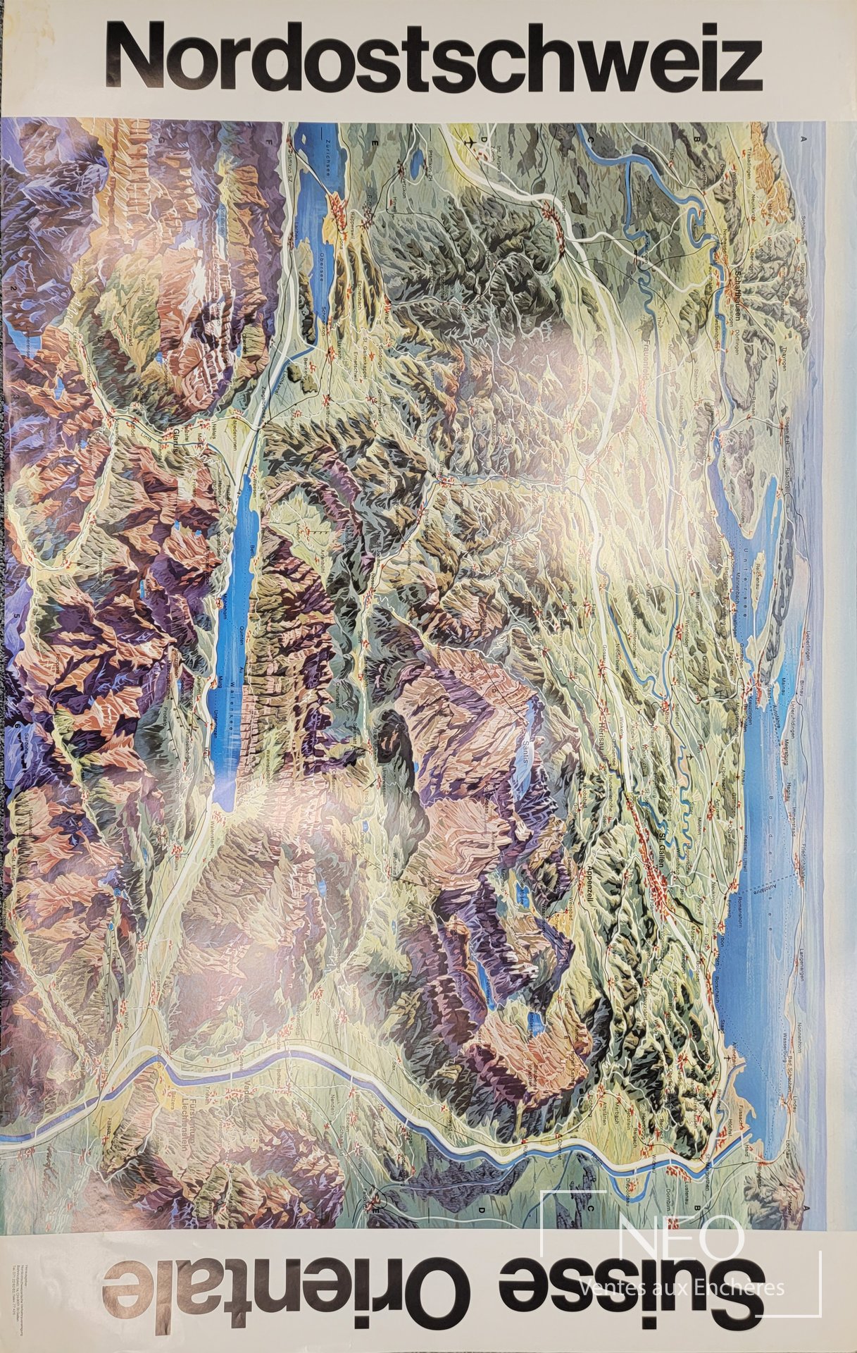 Affiche cartographique de la Suisse orientale avec reliefs colorés et titre Nordostschweiz