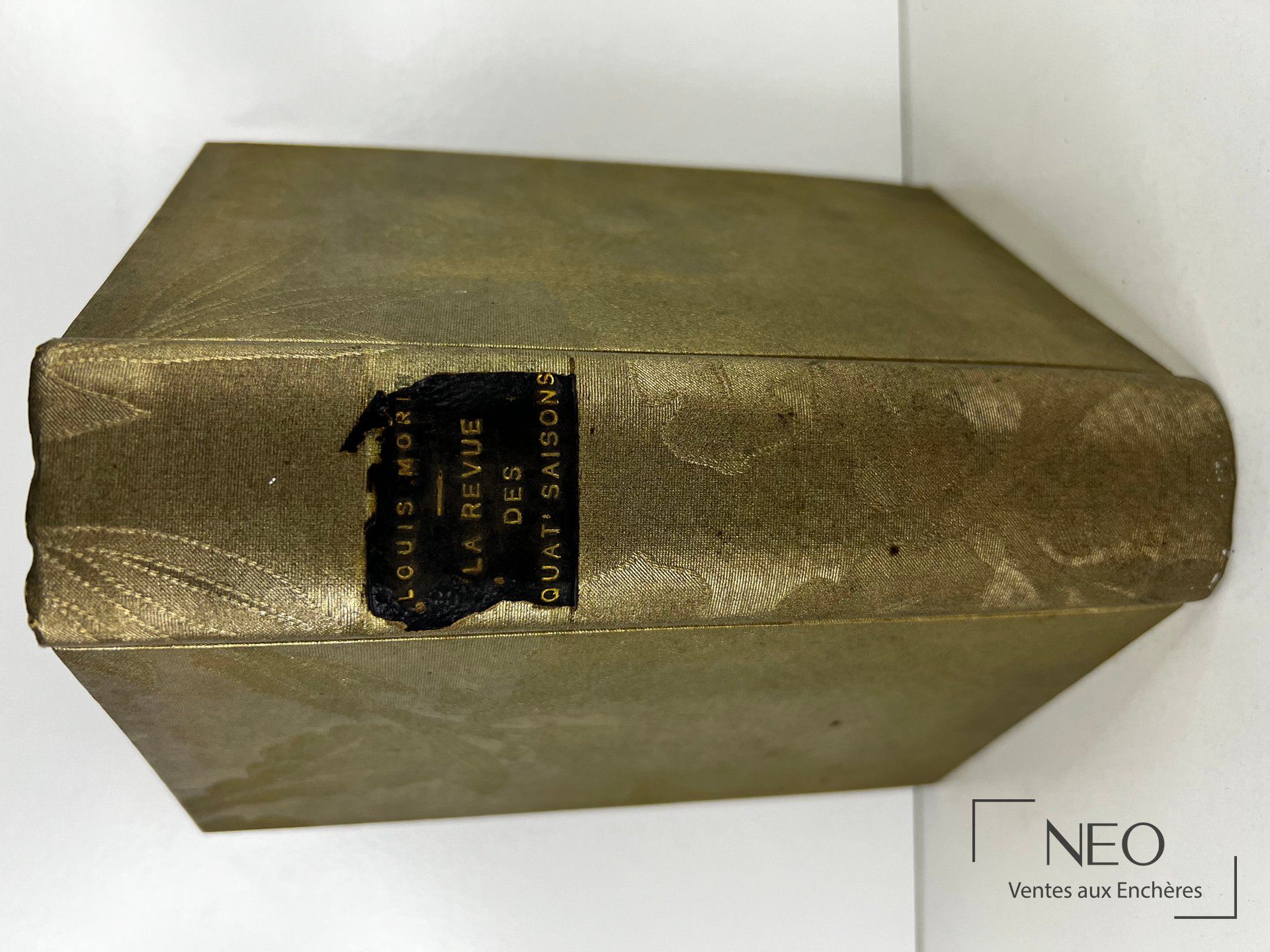 Dos d'un volume en tissu doré avec pièce de titre noire et lettres dorées