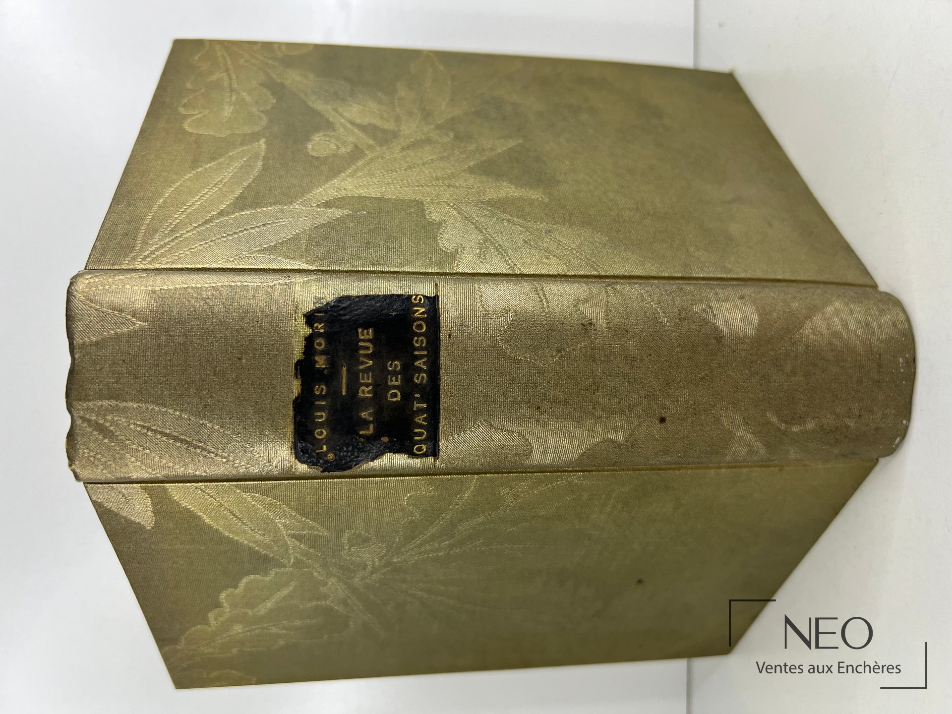 Dos doré d'un livre relié en tissu fleuri avec étiquette de titre noire