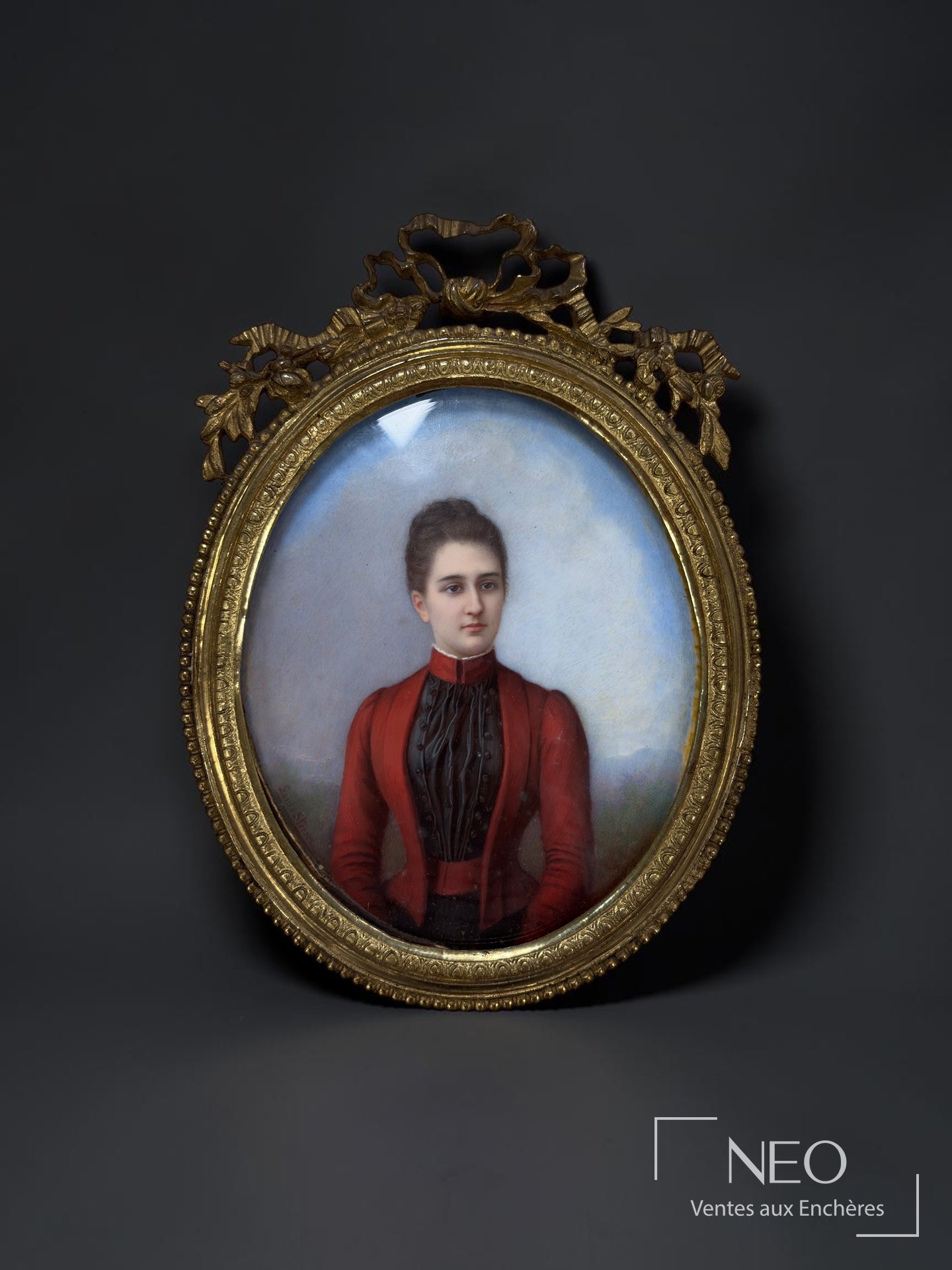 Louis Sterrer Portrait d’une élégante au manteau rouge, miniature ovale du XIXe siècle