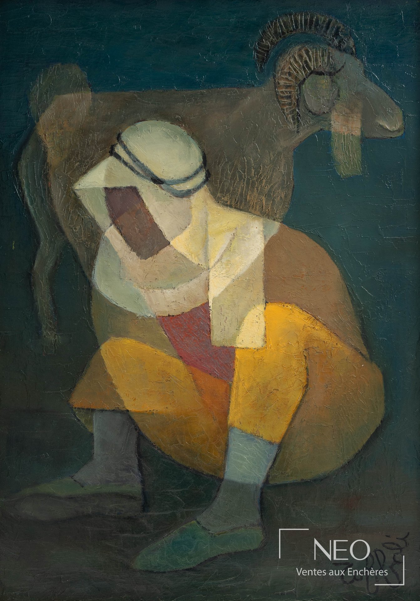 Huile sur toile de Louis Toffoli représentant un bédouin avec une chèvre