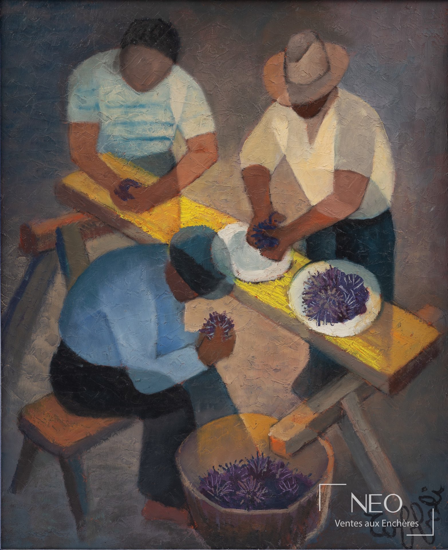 Huile sur toile de Louis Toffoli montrant trois personnages autour de casiers et d'oursins mauves