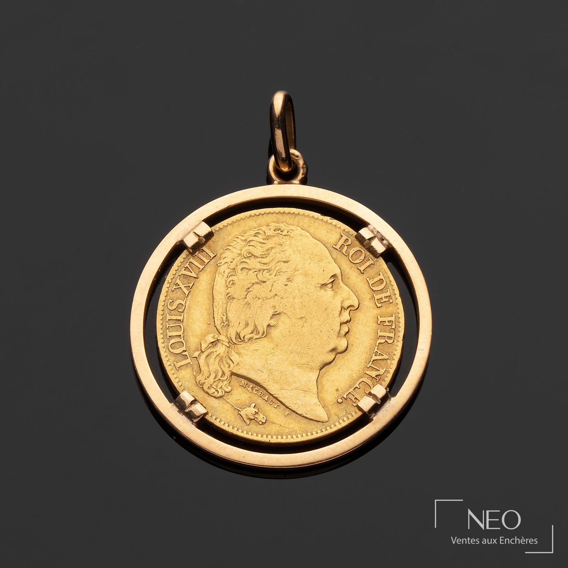 Louis XVIII 20 Francs or 1817 en monture or jaune 18 carats