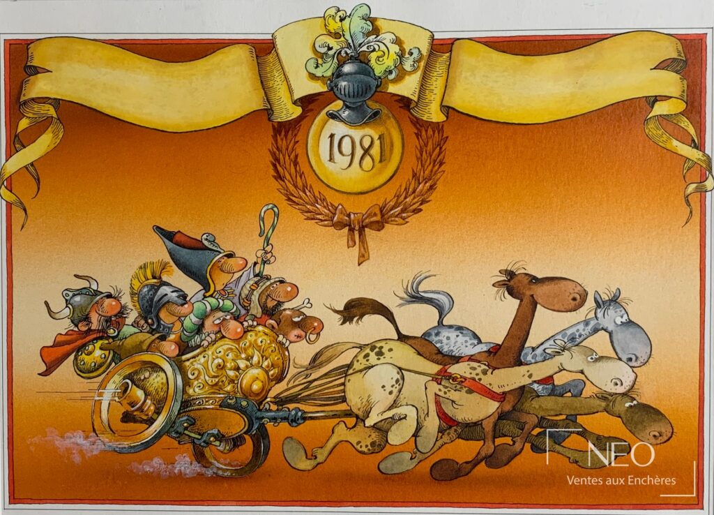 Illustration colorée de LOUP Jean Jaques montrant une course de chars sous le millésime 1981.