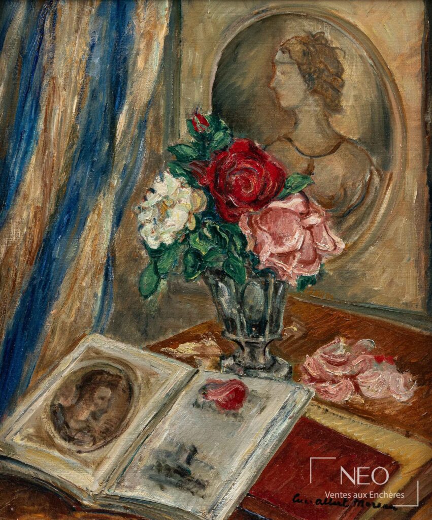 Huile sur toile de Luc Albert Moreau représentant une nature morte avec roses et livre ouvert
