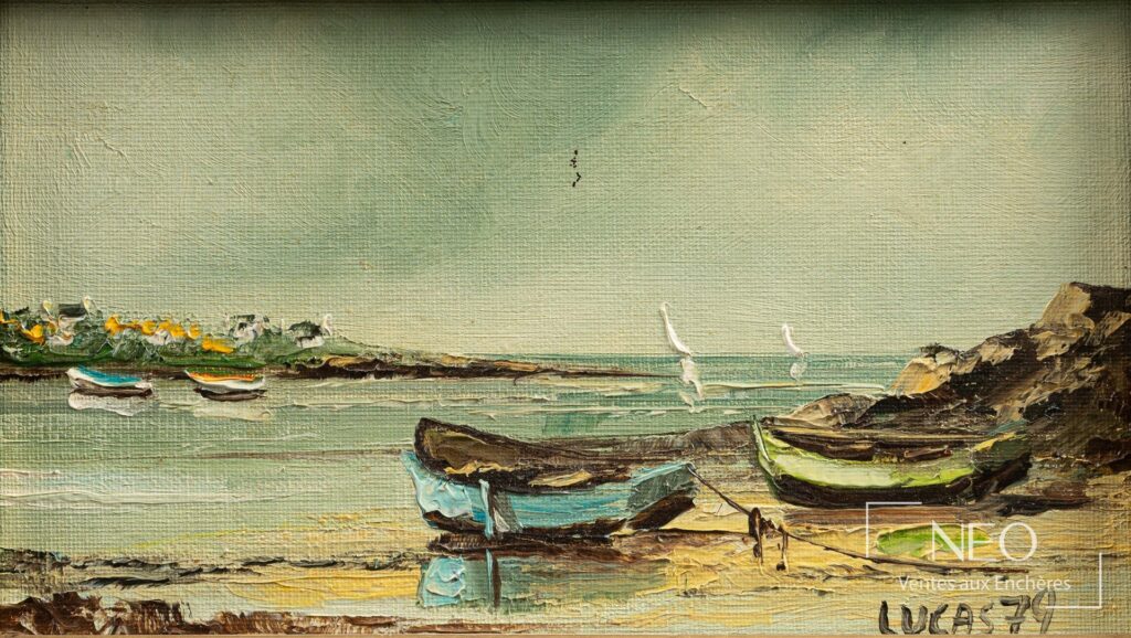 Vue de face d'une huile sur toile représentant des barques à marée basse