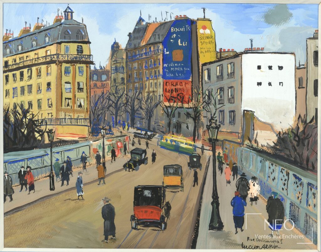Gouache de Lucien Genin représentant une rue parisienne animée avec immeubles